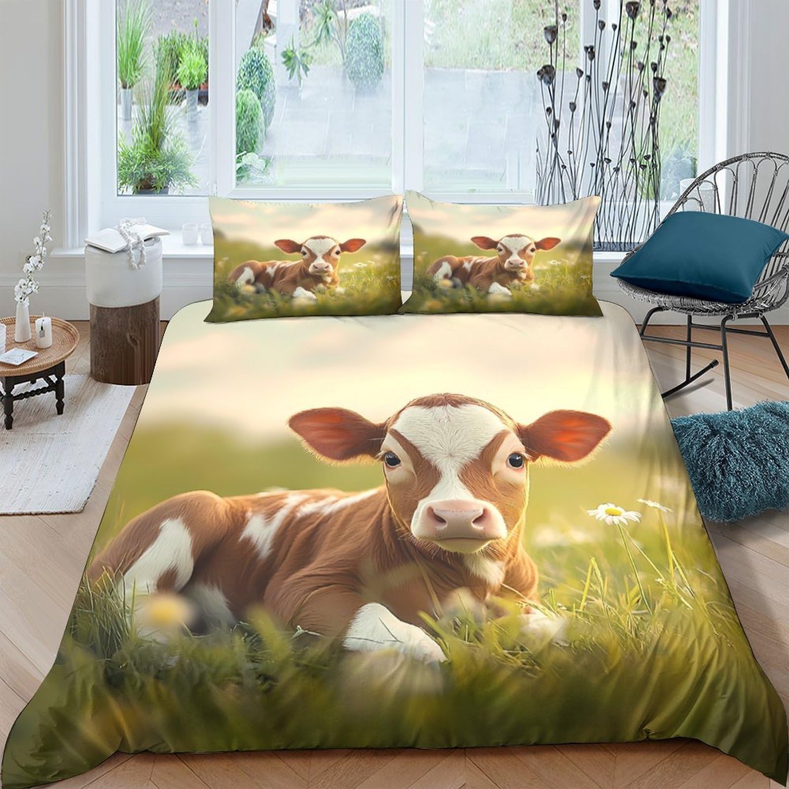 Ctjqhvkz Style-8 3D Printed Lying Calf Fitted Sheet Microfiber Soft Breathable Pastoral Meadow Mattress Cover For Bedroom Guest Room Decor Single（135X200cm）