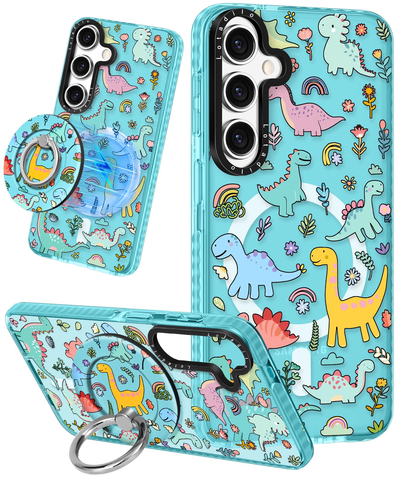 Lotadilo Cute Case for Samsung Galaxy S25 Plus for Women Girls - Funny Dinosaur Design Compatible with Magsafe Magnetic Ring Holder Kickstand Fashion