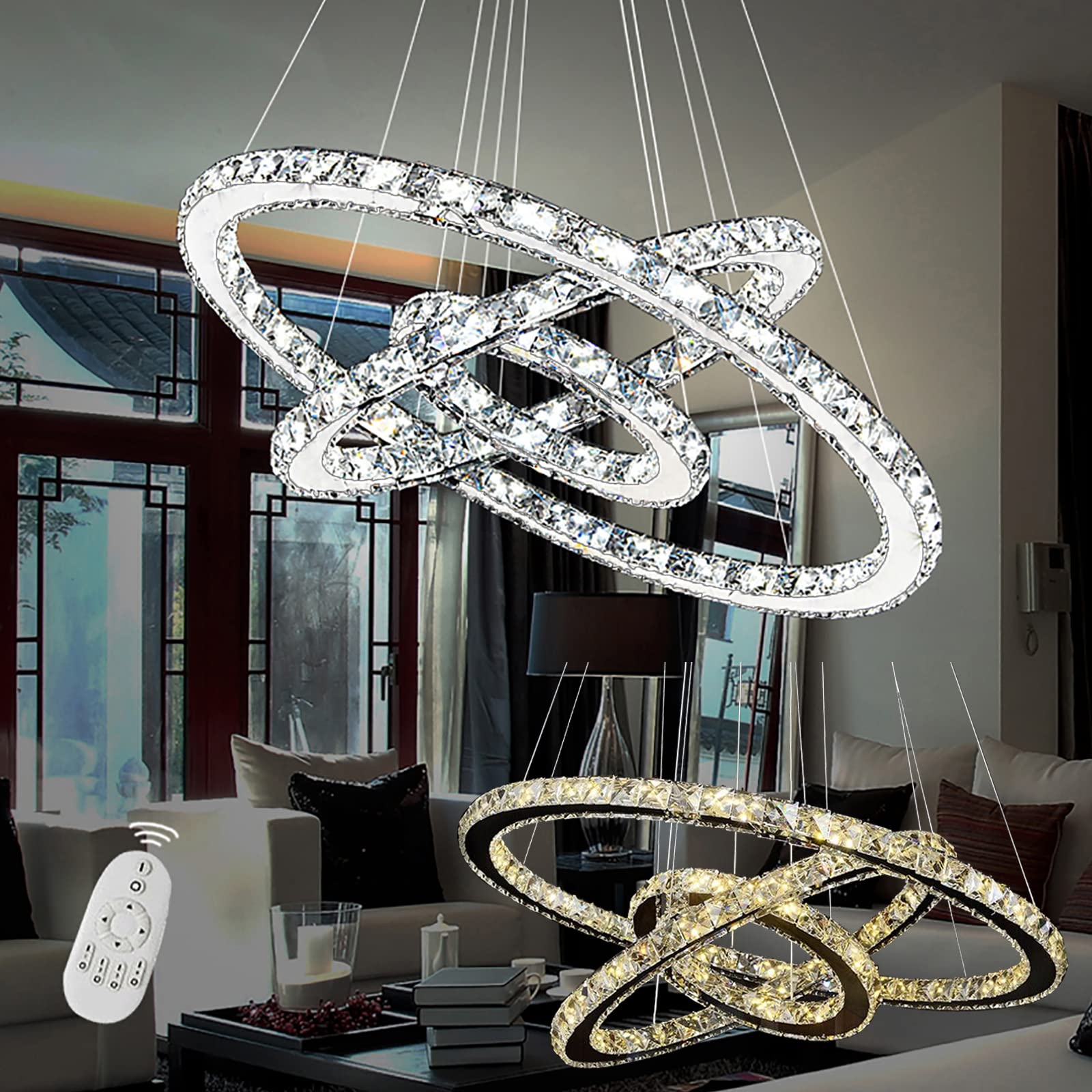 YRHome Lampada a Sospensione LED 72 W - Lampadario Cristallo Design Dimmerabile a Tre Anelli - Lampada da Soffitto Creativa
