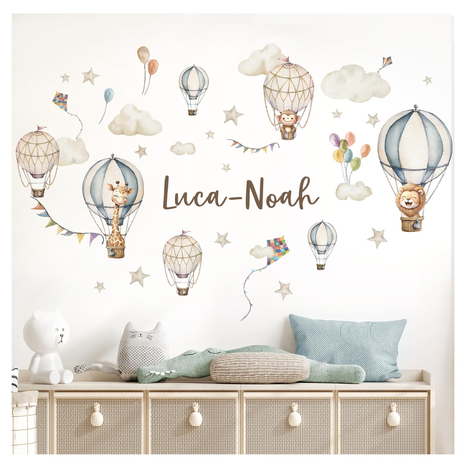 Little Deco Wandsticker Kinderzimmer Tiere Heißluftballon personalisiert Wandtattoo AFFE Löwe Wandaufkleber mit Name Babyzimmer Deko DL5094-05