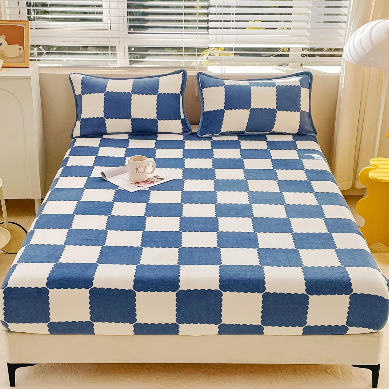 ZIQINPSQ Milk Velvet Fitted Sheet Twin XL,Breathable Checkered Bedding Mattress Cover,Luxury Cozy Comfy Flannel Gingham Sheet with 15" Deep Pocket, No Pillowcases,Blue