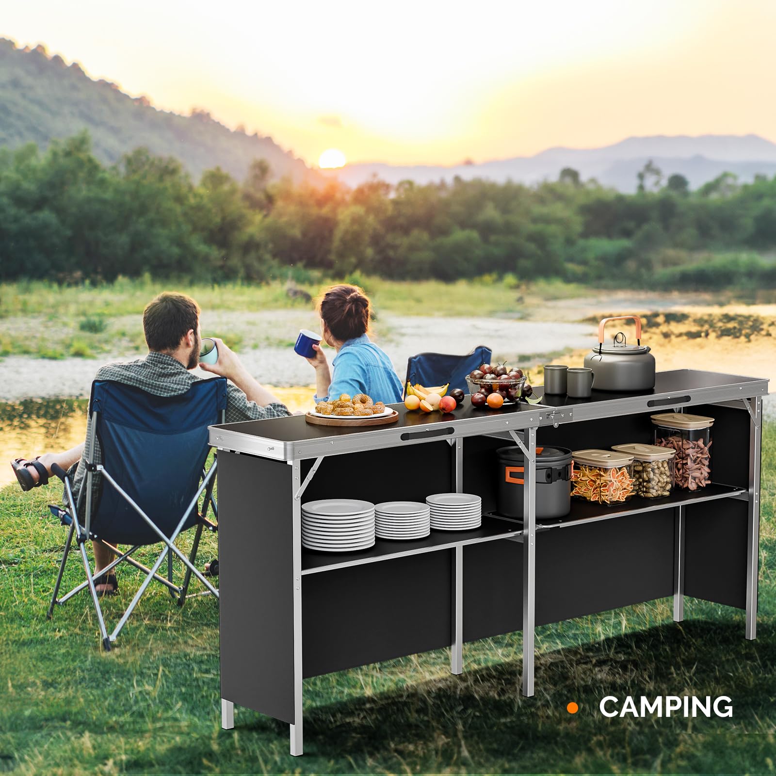 Bonnlo Campingtisch aus Aluminium, 2-stufige Ablage mit Oxford-Stoff, Outdoor Bartisch Klappbar, Leicht & Tragbar, inkl. Tragetasche, 198 x 38,5 x 87cm, bis 50kg, für Camping, Garten, Party & Picknick