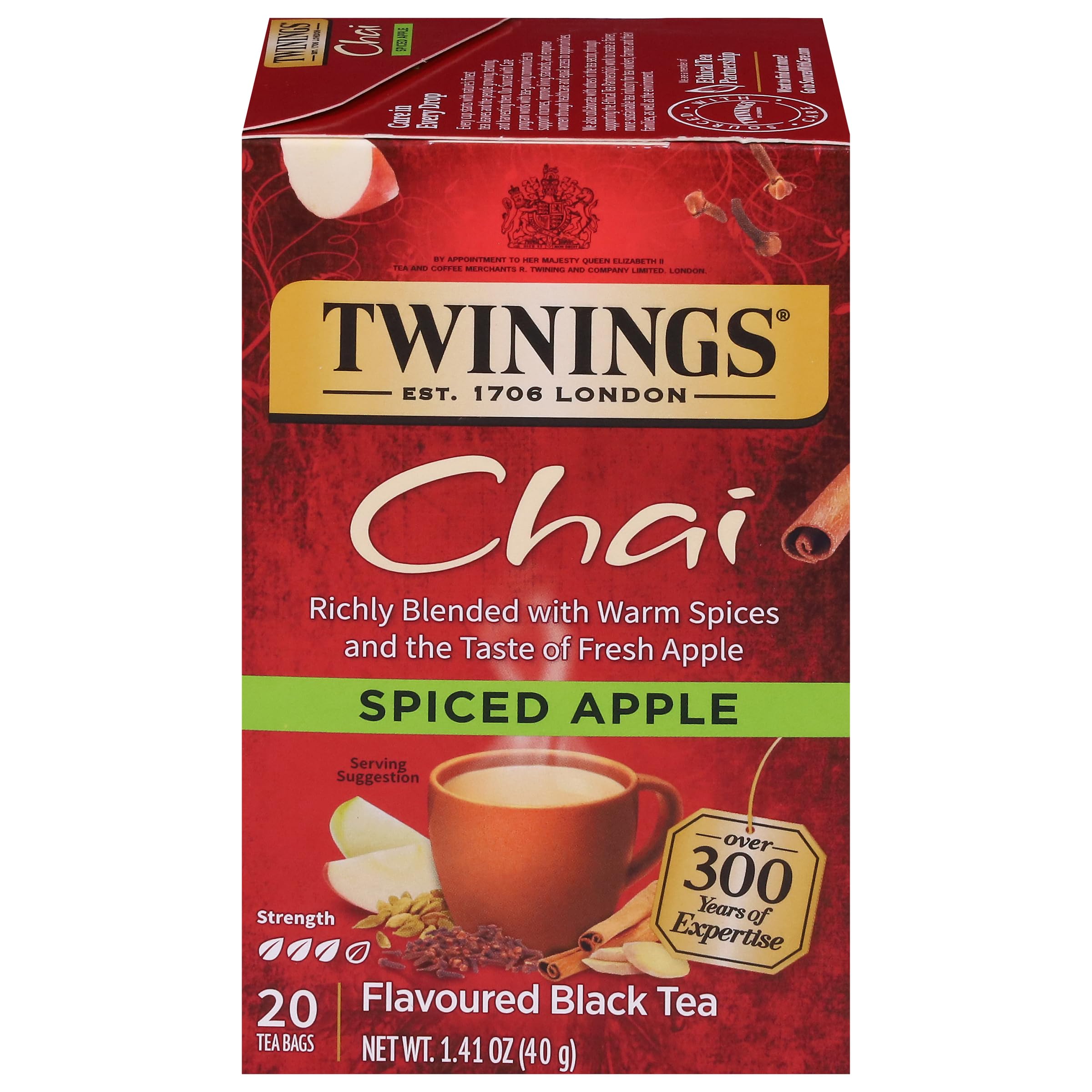 Spiced Apple Chai Black Tea Individually Wrapped Bags, 20 Count (Pack of 1), Sweet, Savoury Spices, Caffeinated, Enjoy Hot or Iced, 20 Teabags