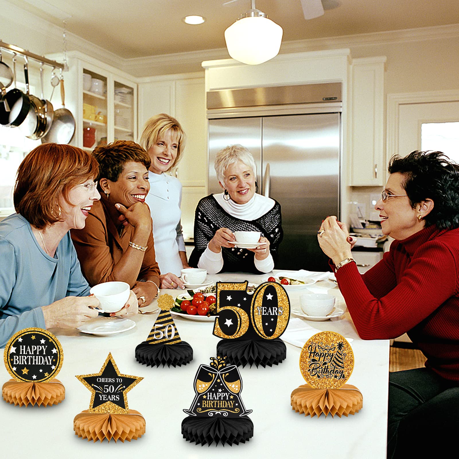 50. Geburtstag Tischdekoration, 9-teilig, Schwarz-gold, Waben-Design Mit Konfetti – Für Frauen & Herren