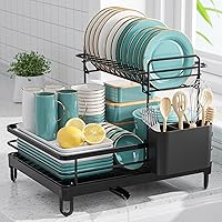 Sakugi X-Large 2-Tier Stainless Steel Dish Drying Rack - Rustproof Kitchen Counter Organizer for Plates, Bowls, Utensils, Black