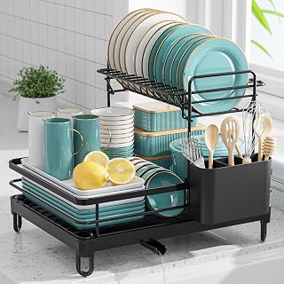 Sakugi X-Large 2-Tier Stainless Steel Dish Drying Rack - Rustproof Kitchen Counter Organizer for Plates, Bowls, Utensils, Black