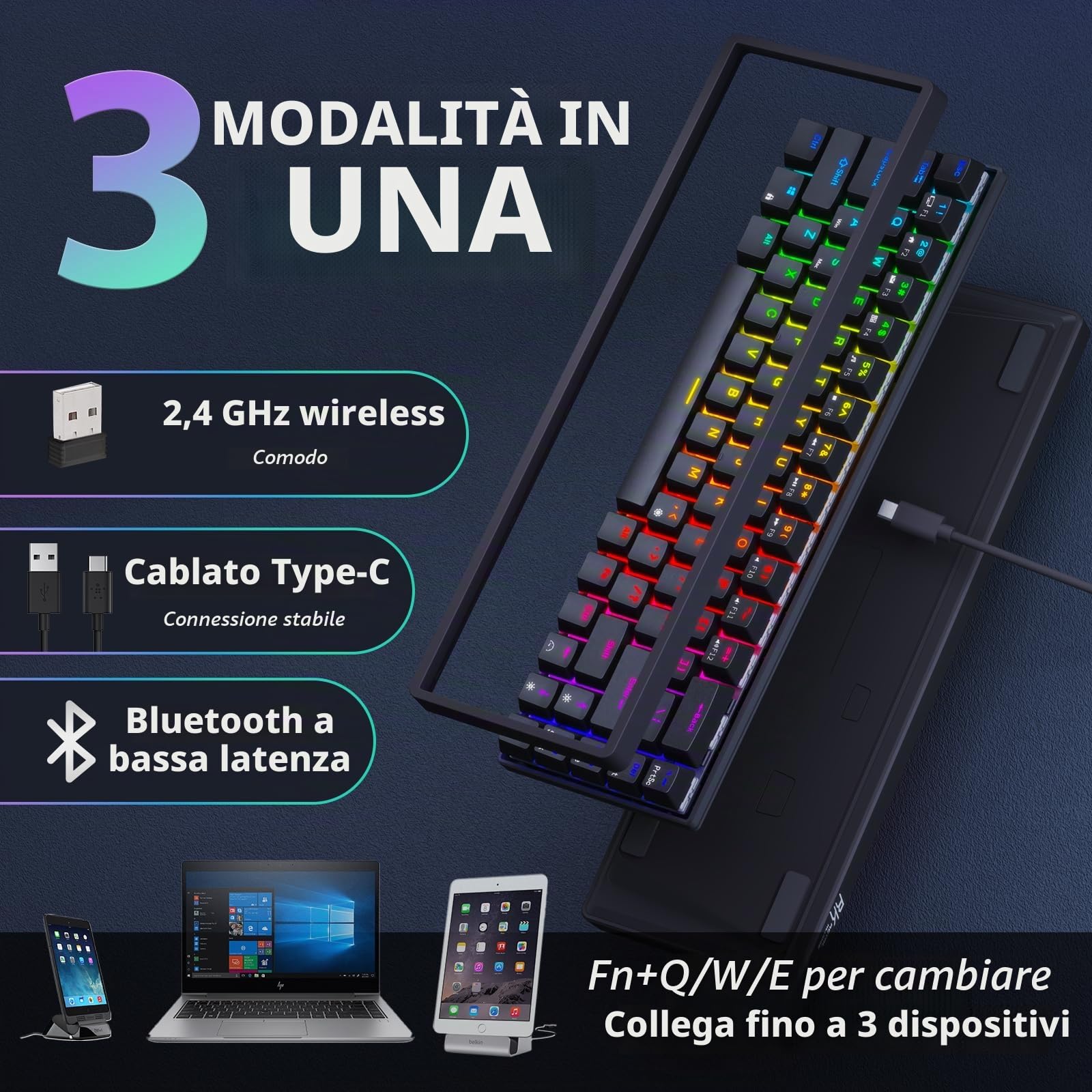 RK ROYAL KLUDGE RK G68 Tastiera Meccanica Wireless Hot Swap 2.4G/Bluetooth/Tastiera da gioco RGB Cablata 65% Layout USA Interruttore Marroni per Win/Mac, Nero