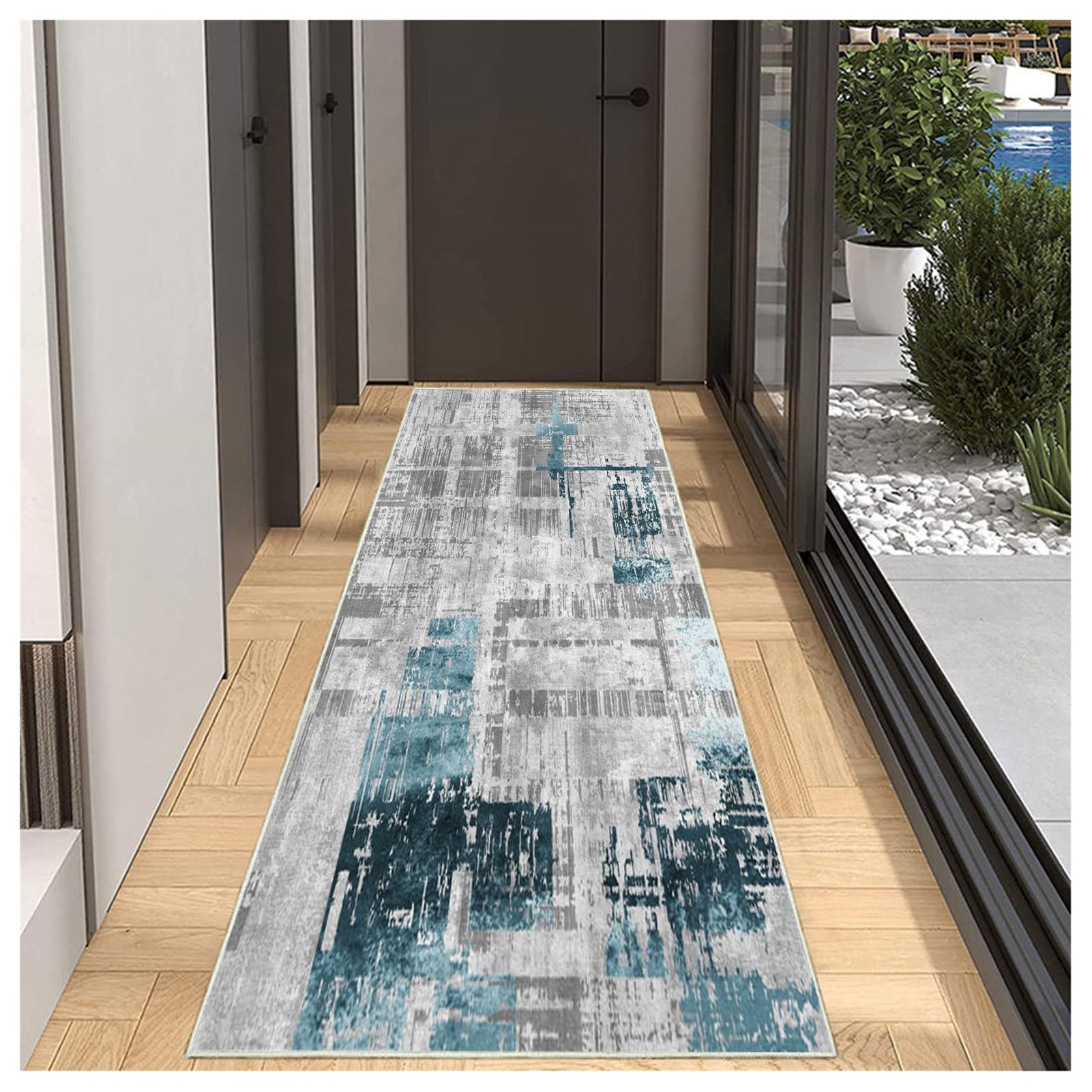 BORKOY Long Runner Rug for Hallway 90x200cm Blue gray Washable Carpet Runner Rug for Kitchen Heavy Duty Non Slip Entrance Mat for Living Room Entryway Hall Bedroom Abstract Style