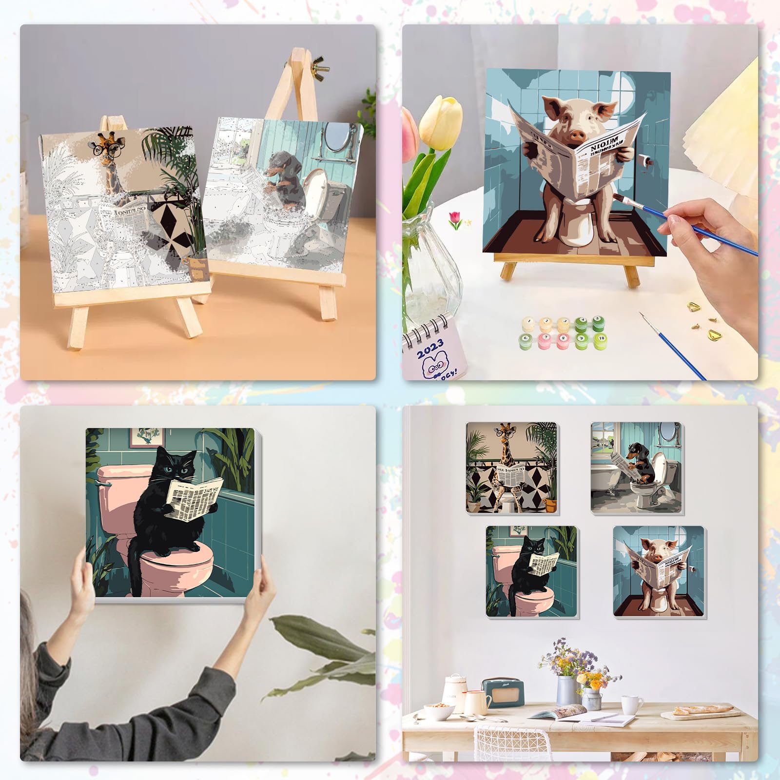 HEIBAGO Peinture Par Numéros Encadrée Animaux Lecture Journal – Kit DIY 30x20 Cm Pour Adultes & Enfants, Toile Prête à Accrocher