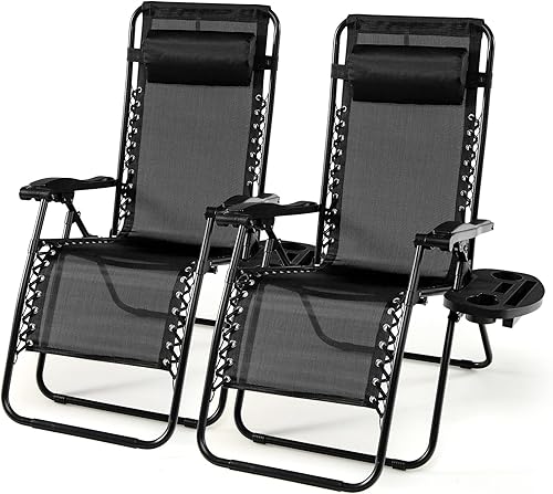HAPPYGRILL Juego de 2 sillas de gravedad cero para exteriores, relajantes, reclinables, plegables, con portavasos para patio, playa, piscina Negro