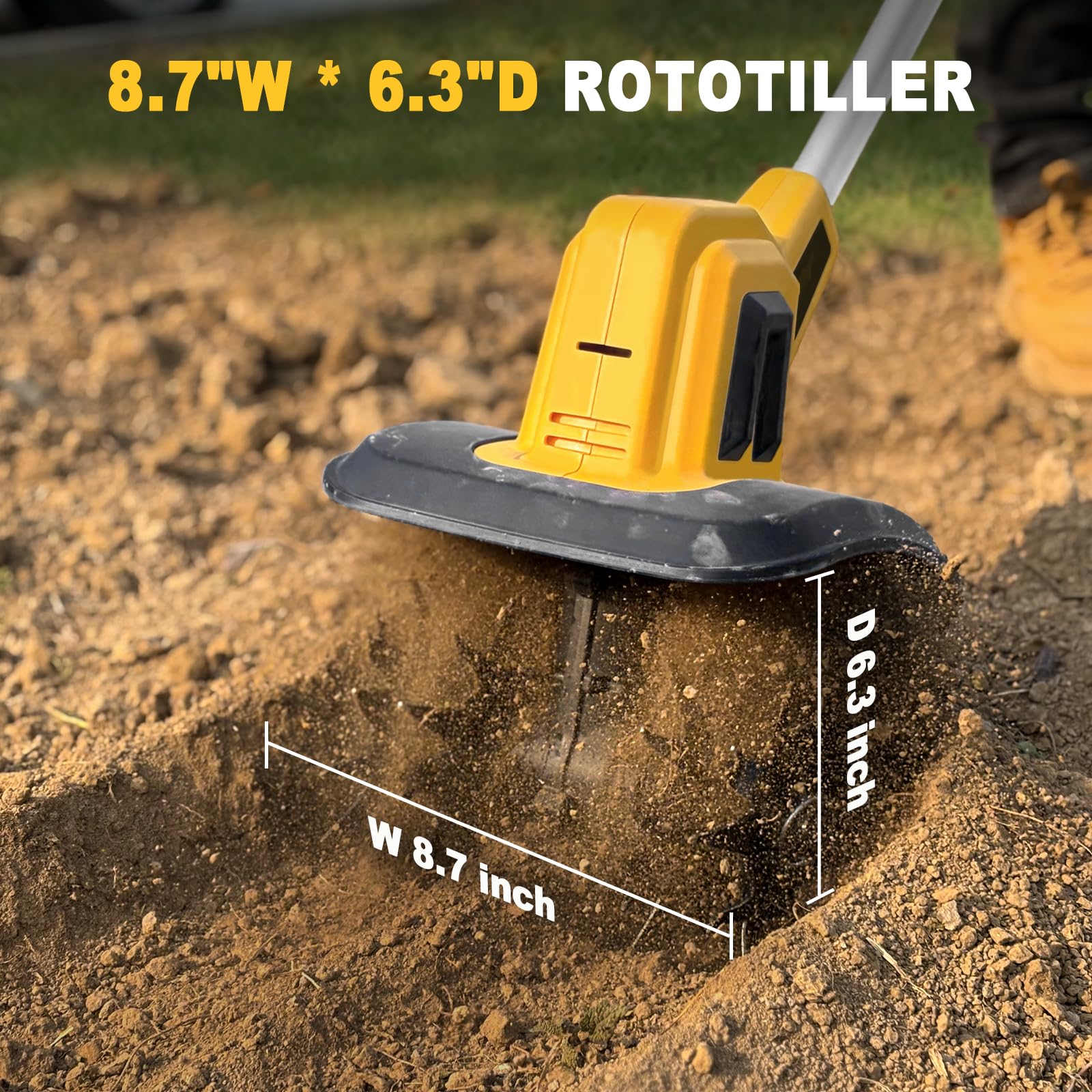 Cultivador de jardín inalámbrico compatible con batería Dewalt de 20 V máximo, solo herramienta, 48 dientes de acero, 8.7 pulgadas de ancho, 16 cm de profundidad, pequeño rotocultor eléctrico portátil