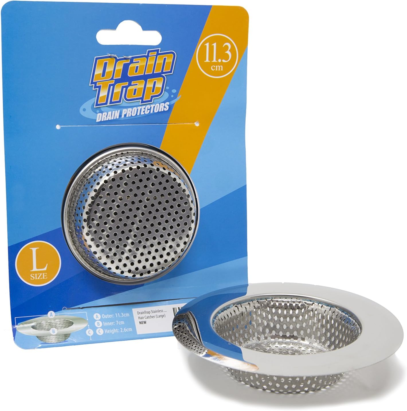 DrainTrap Stainless Steel Drain Protector – Perfect Drain Filter for Shower, Bath and Kitchen Sink Drains – Effective Food and Hair Catcher (Large)