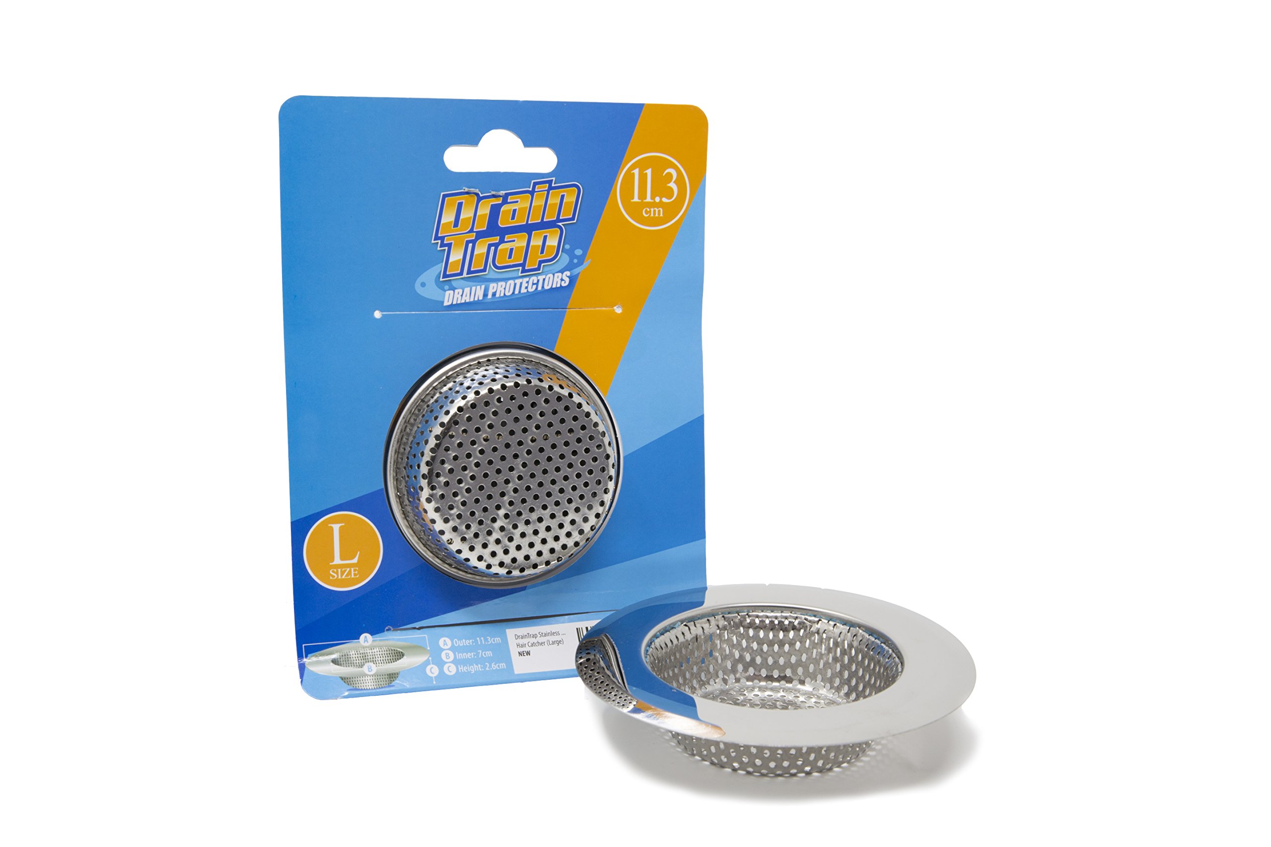 DrainTrap Stainless Steel Drain Protector – Perfect Drain Filter for Shower, Bath and Kitchen Sink Drains – Effective Food and Hair Catcher (Large)