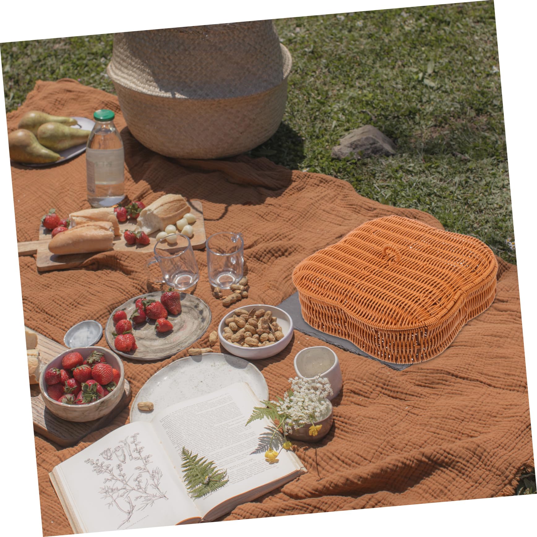 Cabilock Woven Snack Basket Mit Deckel Praktischer Aufbewahrungskorb Für Snacks Obst Und Mehr Für Picknicks Partys Und Täglichen Gebrauch Blumenmuster