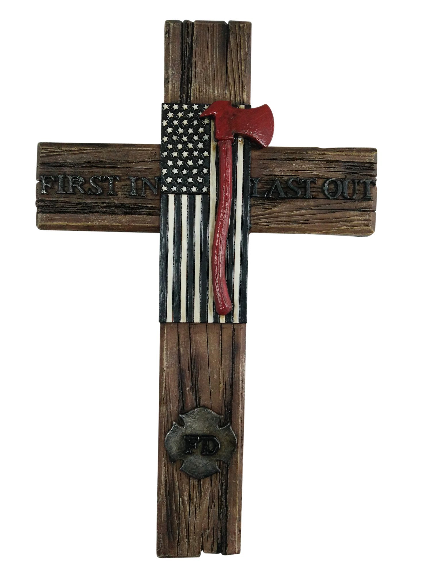 US Fire Department Wall Hanging Cross – Christian Wooden Cross with Ax & American Flag Design – ‘First In, Last Out’ Inscribed – Perfect Firefighter Gift for Home or Office Decor