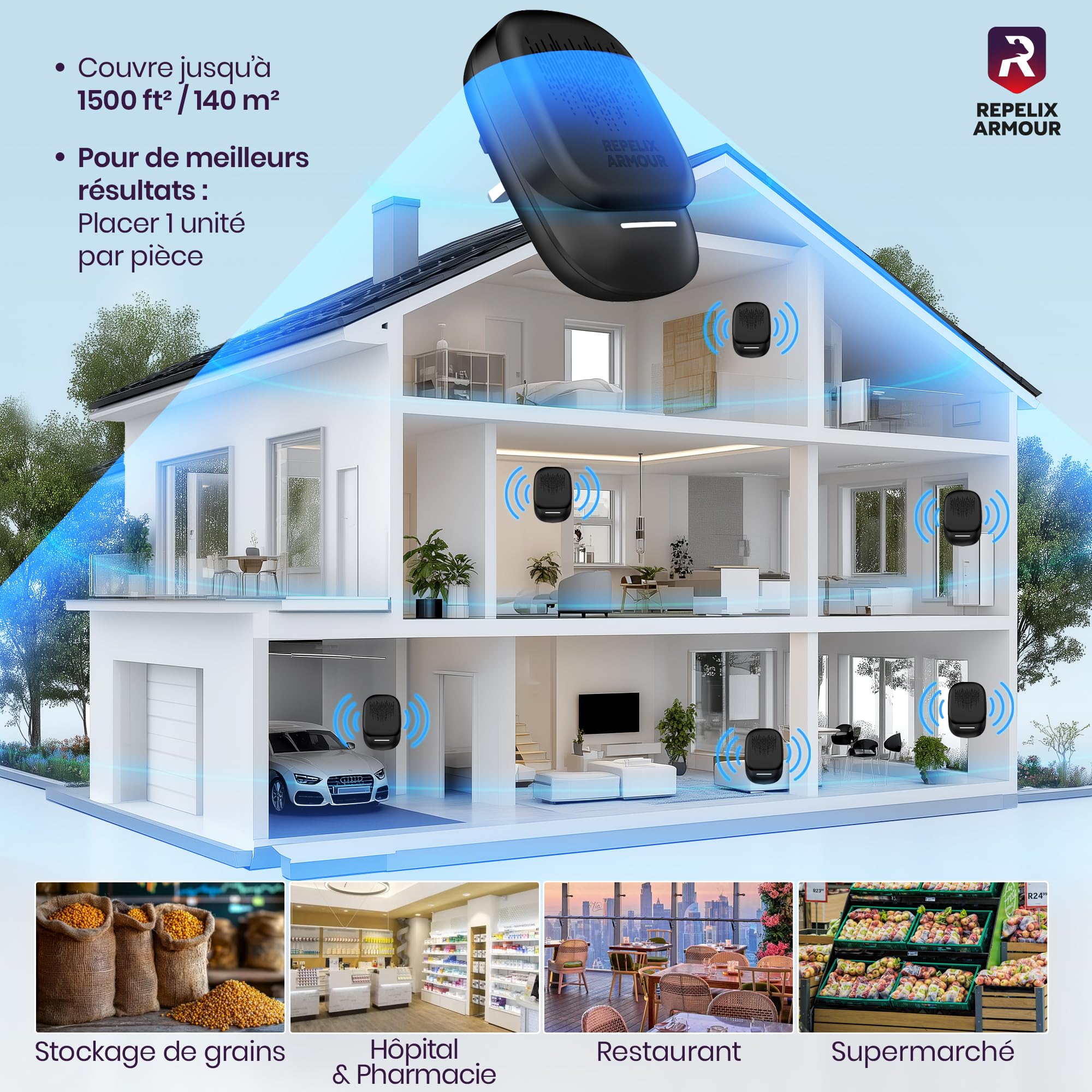 Répulsif À Ultrasons Contre Les Nuisibles pour Intérieur – Pack De 2 – Couvre 140m² par Appareil – 3 Modes – Repousse Souris, Rats, Araignées, Moustiques, Fourmis, Insectes & Mouches