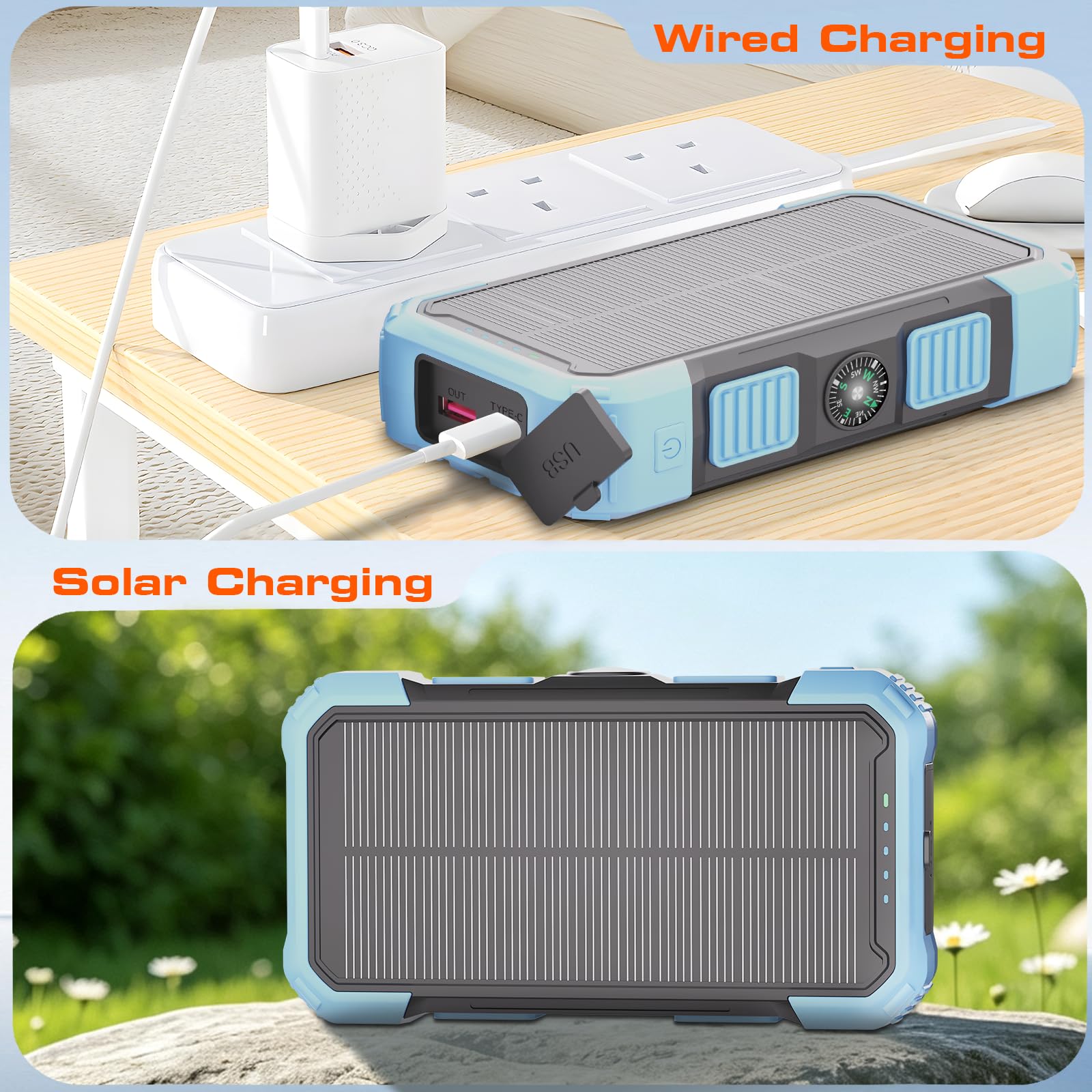 Caricatore solare Power Bank 20000 mAh, 22,5 W PD caricabatterie portatile a ricarica rapida con cavi integrati batteria USB-C, doppia torcia a LED, compatibile con iPhone e Android per campeggio