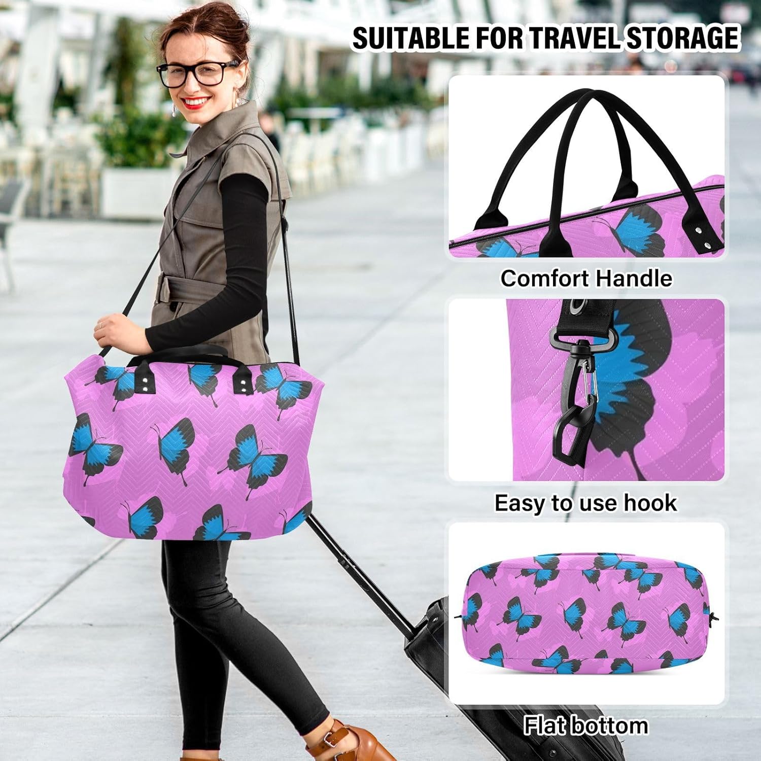 Blue Black Butterfly Large Bag Travel Overnight Carry on Bag Sports Tote Gym Bag with Toiletry Bag for Yoga Multifunctional