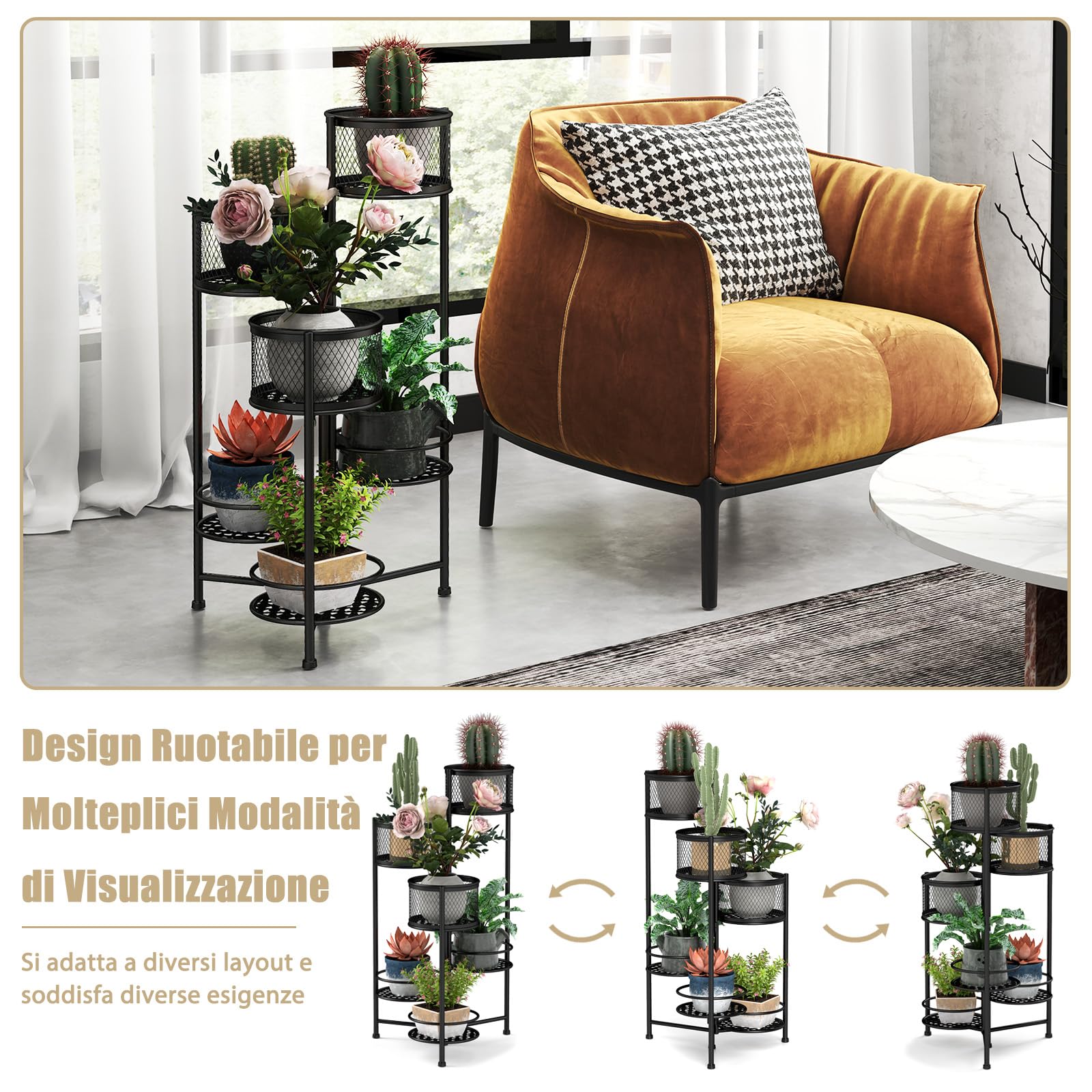 COSTWAY Porta Piante da Interno Pieghevole, Scaffale per Piante e Fiori in Metallo a 6 Livelli,Porta Vasi Salvaspazio da Balcone e Salotto, 41 x 39 x 82 cm (Nero)