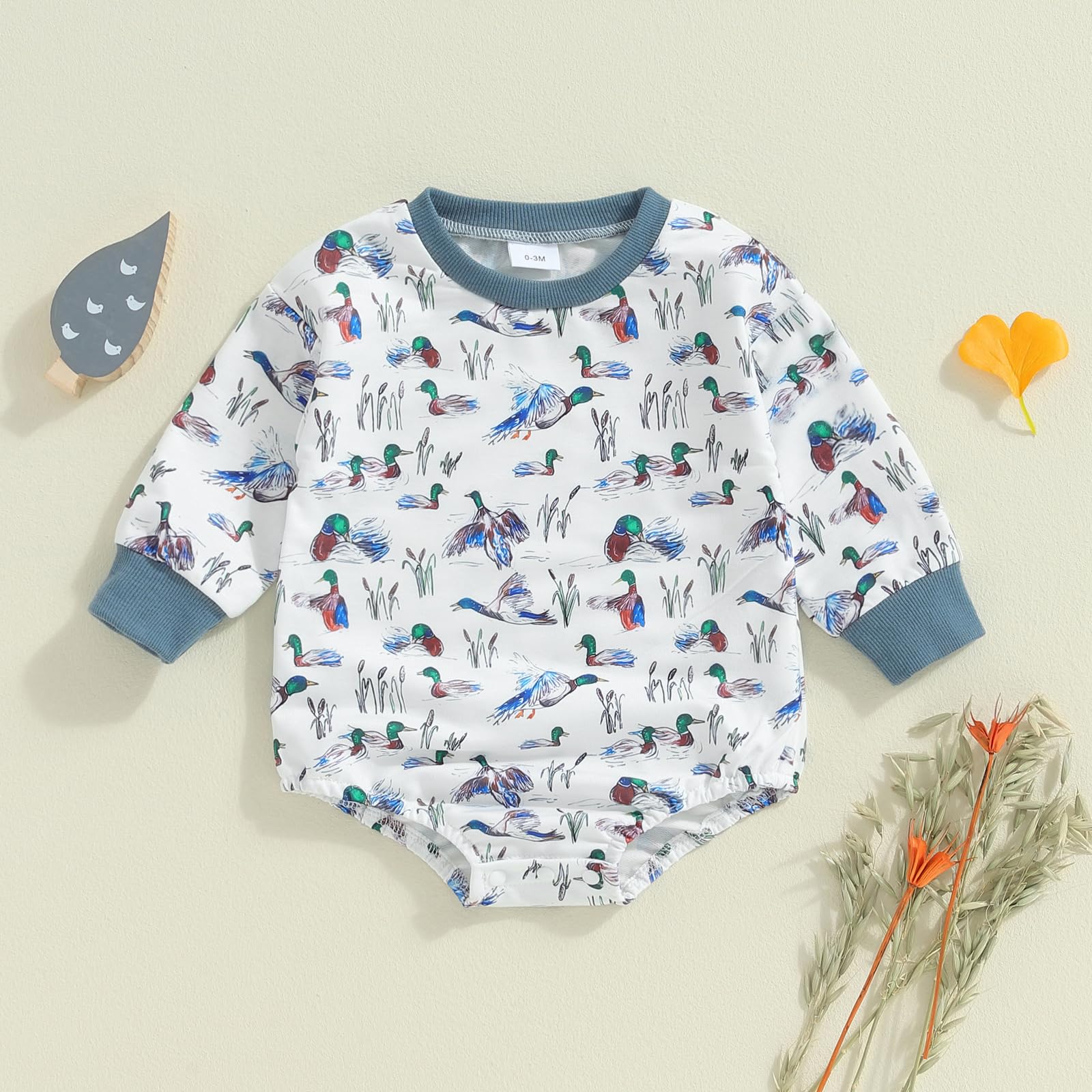Infant Baby Boy Girl Mallard Duck Romper Short Sleeve Animal Duck One Piece Bodysuit Tops Hunting Baby Clothes (White/Blue, 0-3 Months)