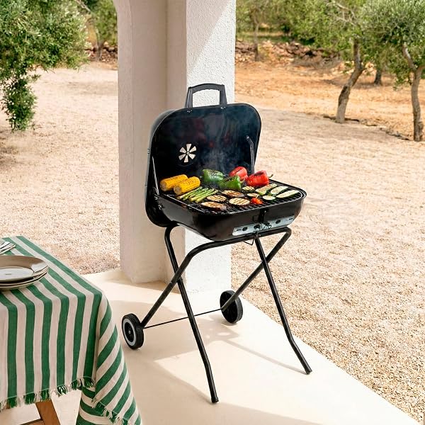 AKTIVE Barbacoa portátil con ruedas, Color negro, Mide 49x74x79 cm, Acero resistente, Patas plegables, Tapa con ventilación, Mini parrilla carbón extraíble (63178) - 3