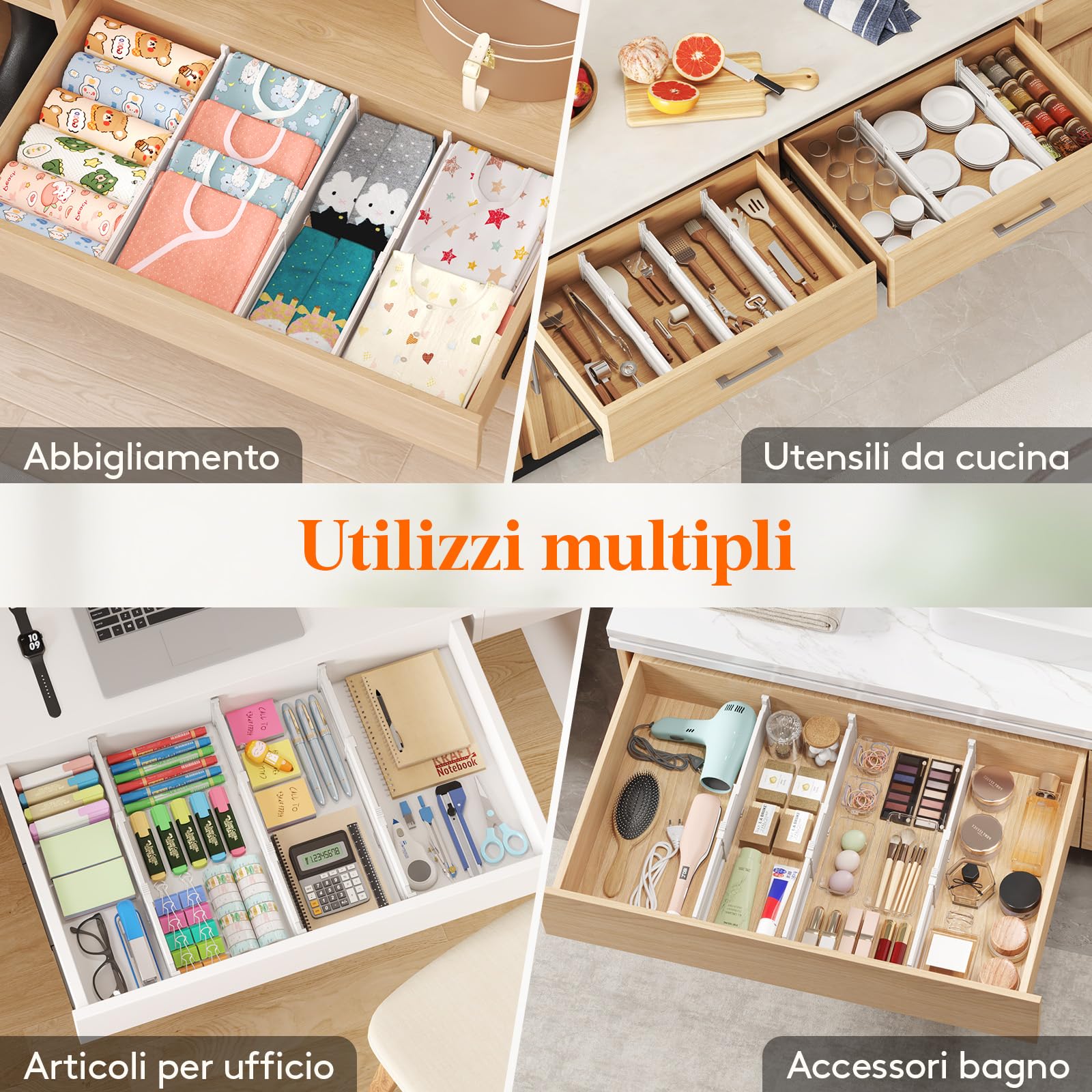 Lifewit Separatori per Cassetti Salvaspazio, Divisori per Armadio Interno Regolabili, Organizer per Cassetti, Accessori per Bagno/Cucina/Ufficio, 12 Pezzi, Lunghezza 35 – 55 cm, Altezza 10,5 cm