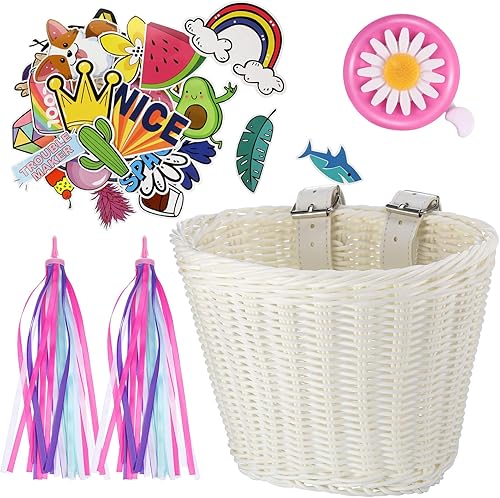 Set de banderines para bicicleta para niños, cesta de mimbre para manillar de bicicleta con colores y campanas de bicicleta y calcomanías, kit de