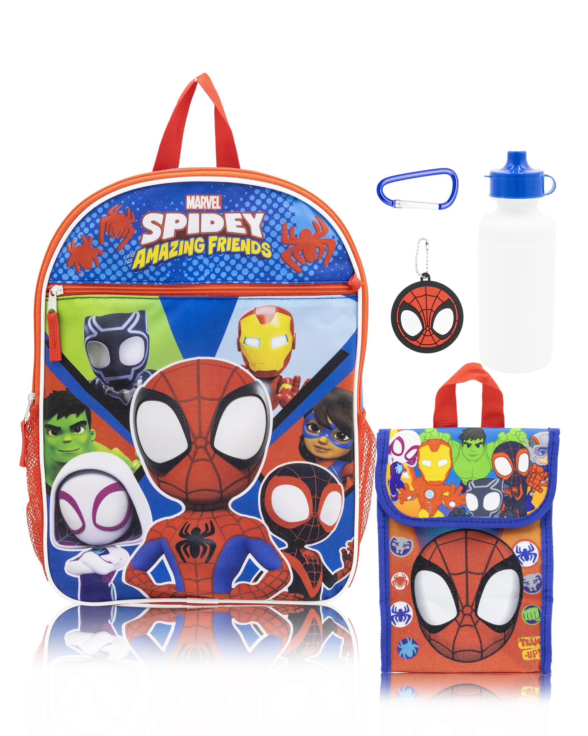 Marvel Spidey and His Amazing Friends Backpack Set for Boys | 5-Piece Spiderman Bookbag with Snack Tote, Water Bottle, and Dangle | Toddler Backpack | Ages 3+