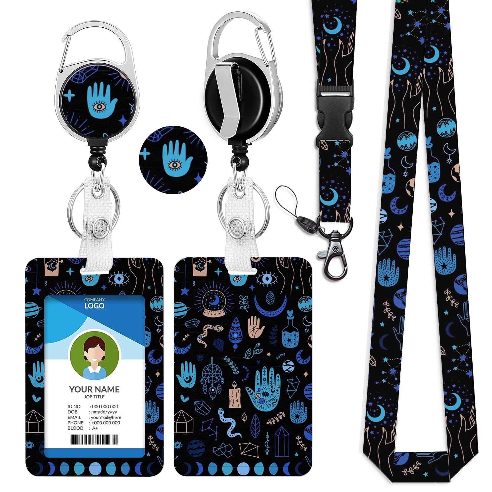 bolimoss Evil Eye Lanyard with Card Holder Retractable Badge Reel Carabiner Clip,Sliding Plastic ID Card Holders Name Tag Badge Holders with Neck Strap Lanyard for Work Credit Cards Key Rings
