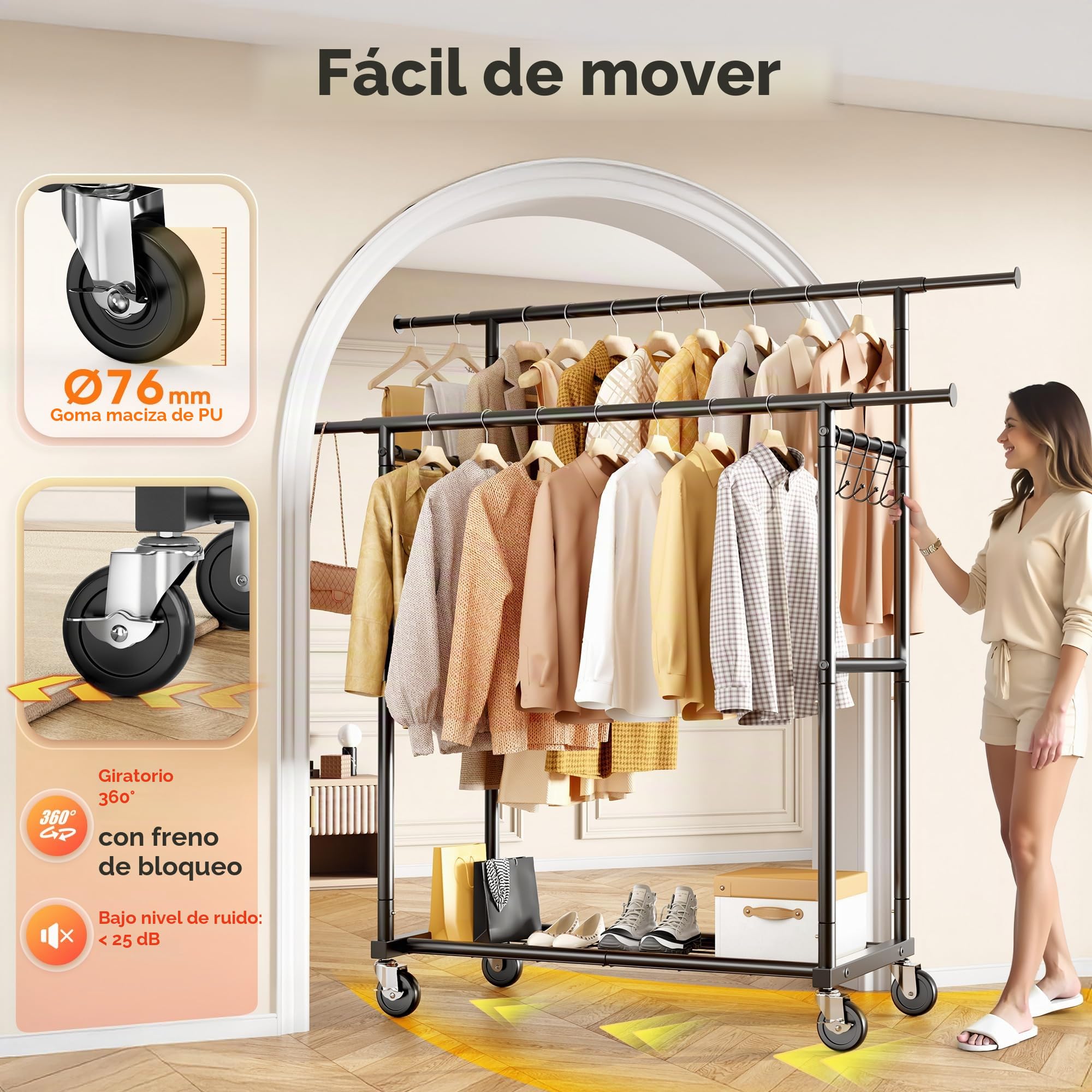 HOKEEPER Perchero de Doble Barra con Ruedas y Estante, Negro | Resistente 204kg , Portátil para Dormitorio, Lavandería y Abrigos, Negro