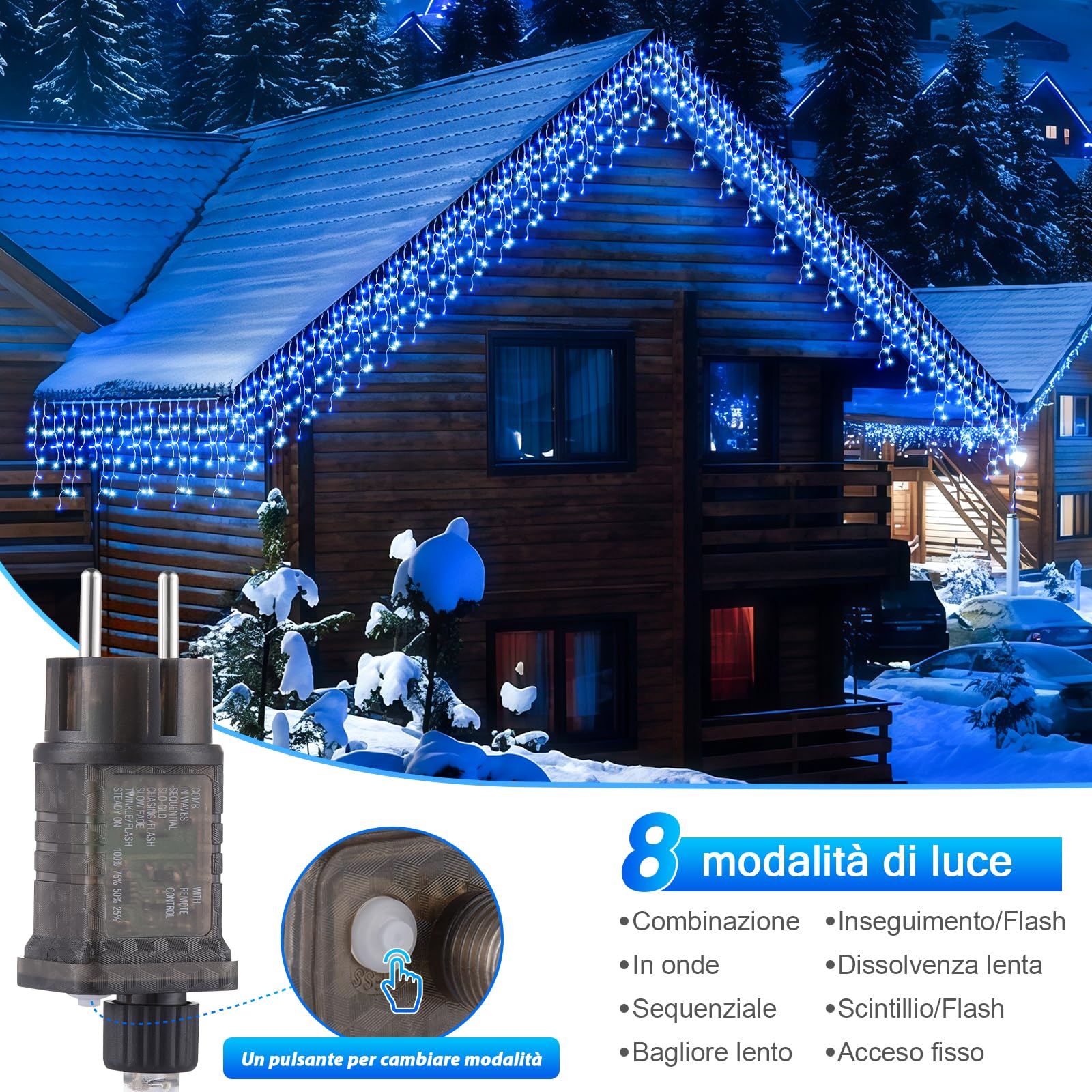 Tenda Luci Natale Esterno Cascata - 10M Catena Luminosa Esterno Blu e Bianco fredda con Telecomando Timer IP44 Impermeabili 8 Modalità Decorazioni Natalizie Luci Natale Esterno Cascata Balcone Casa