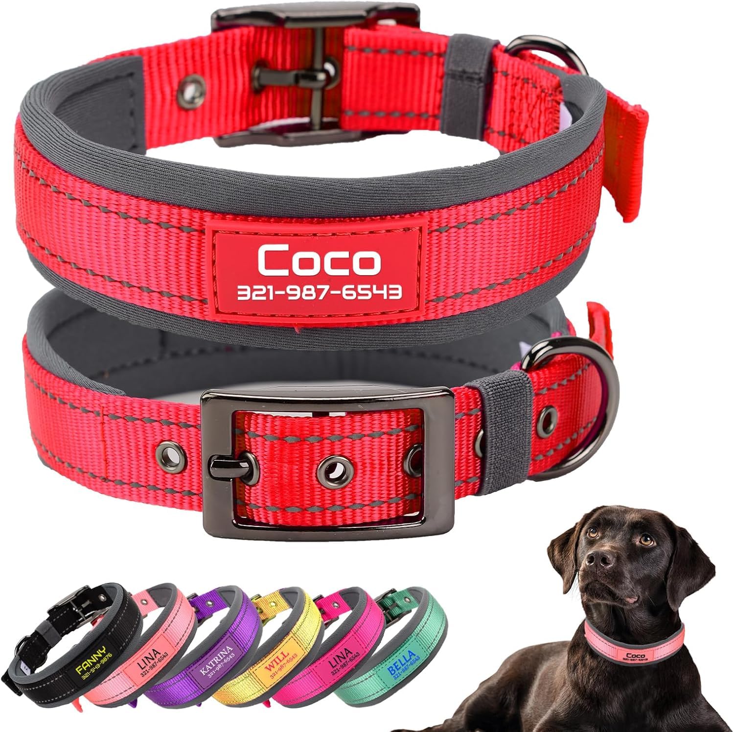 Personalized Dog Collars with Pet Name and Phone Number,Soft Neoprene Padded,Thick Strong Dog Collar,Adjustable Reflective Nylon Collar for Small Medium and Large Dogs，Red