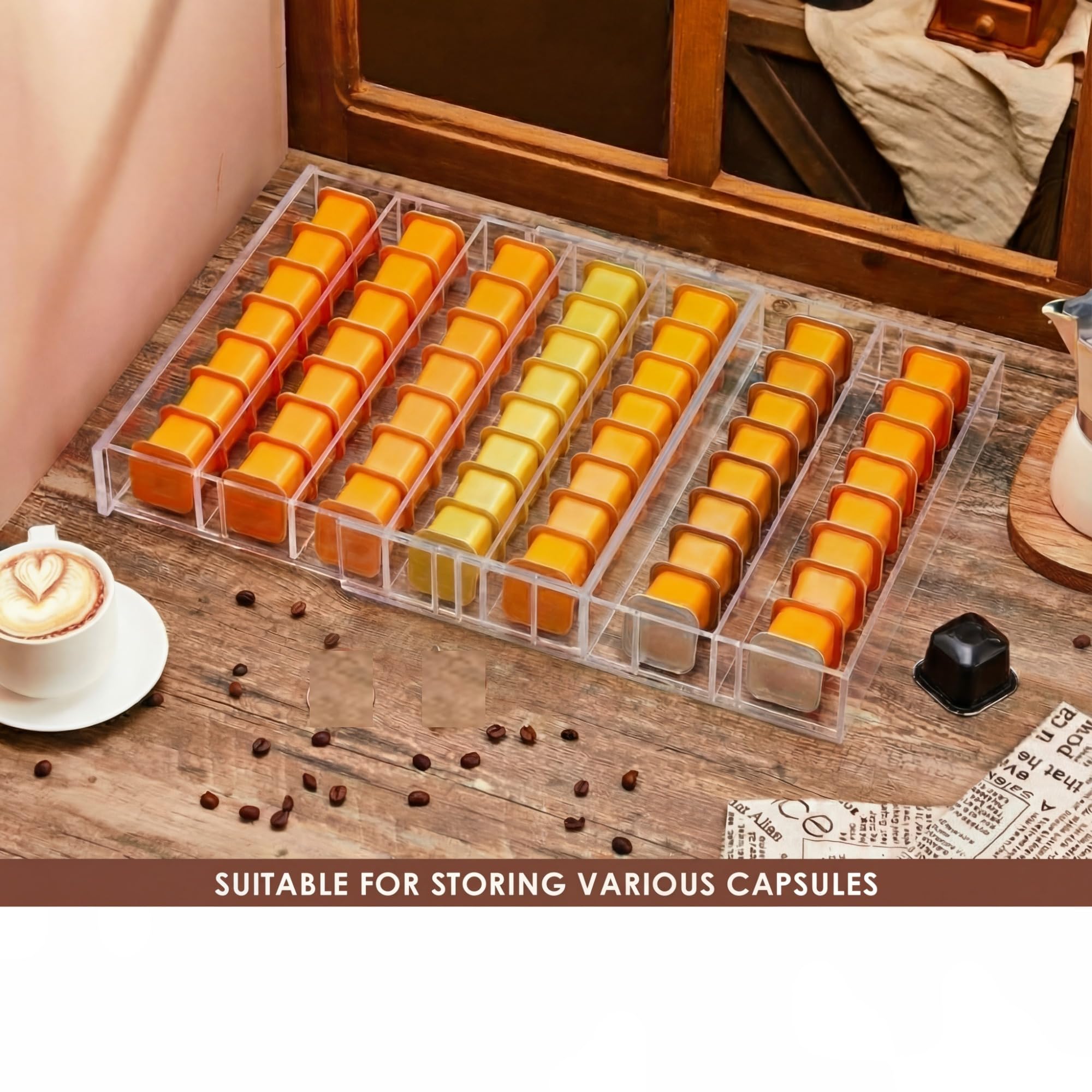 Briwooody Soporte acrílico expandible para cápsulas de café compatible con cápsulas Nespresso Vertuo, organizador de cajones, 10 compartimentos ajustables, capacidad para 35 a 70 cápsulas o 105 bolsas