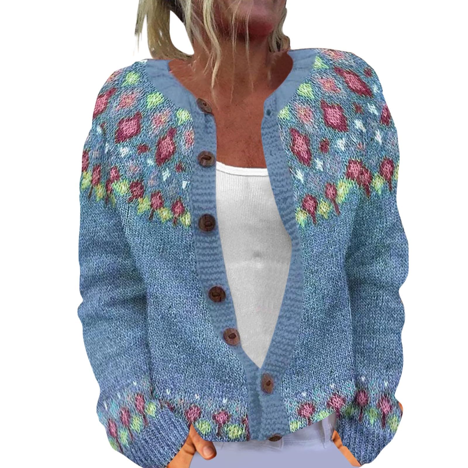 Fair Isle Sweater for Women Button Up Cardigans Oversized Crewneck Chunky Cardigan Sweaters Fall Fashion