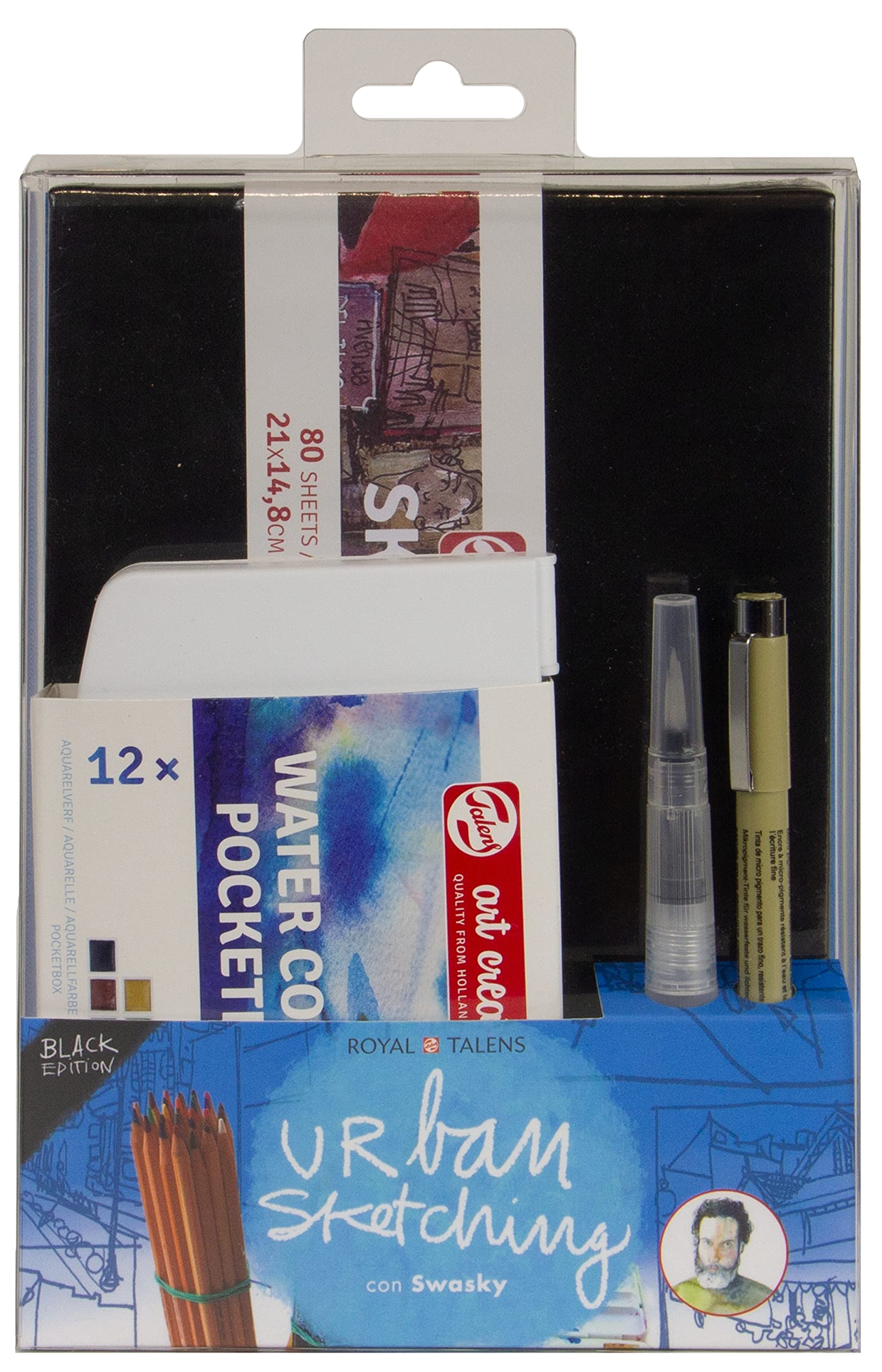 Talens Art Creation set urban sketching (negro) con Swasky, caja 12 acuarelas en pastillas, waterbrush, puntafina, libreta sketchbook, manual paso a paso