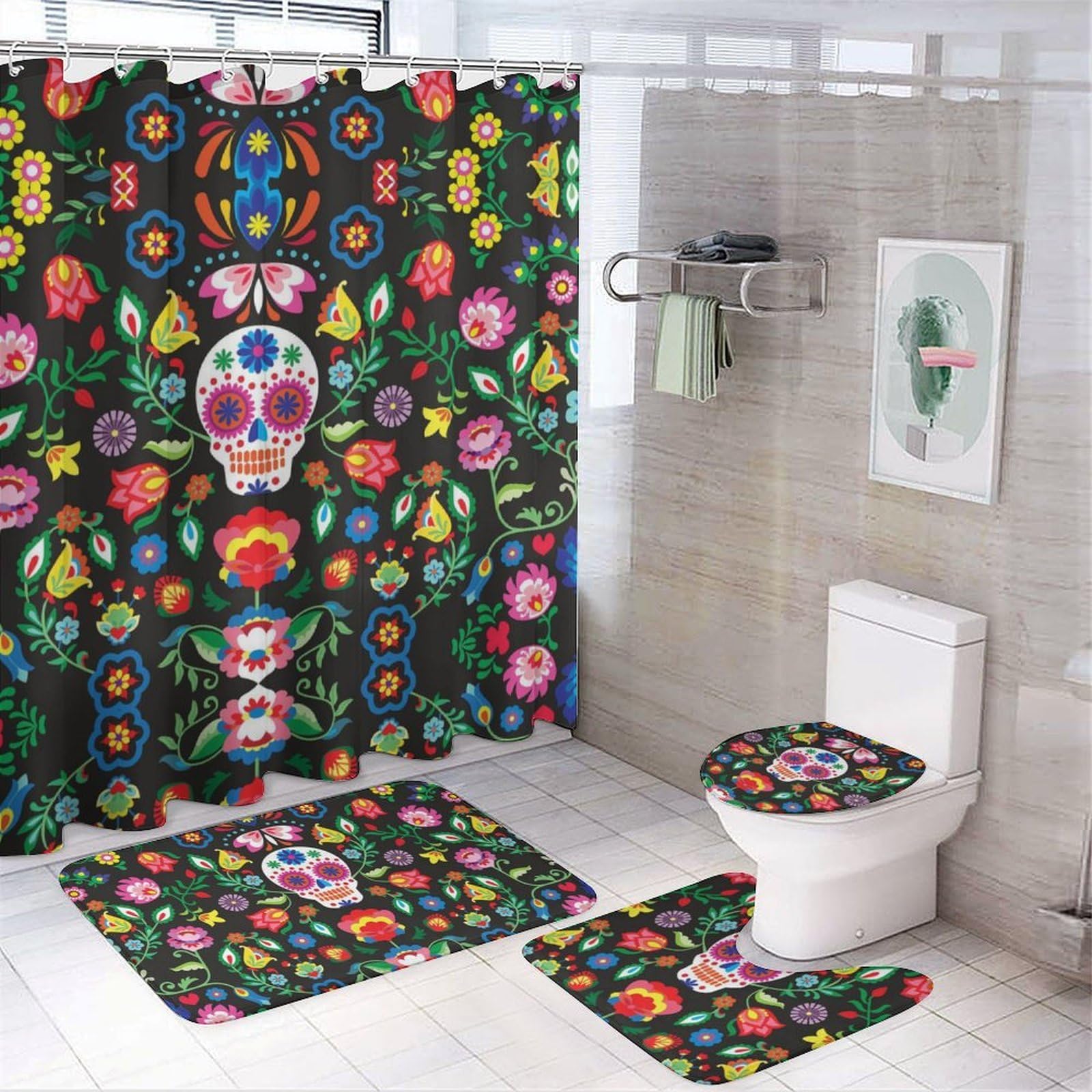 Wlntrophic Bathroom Mat Set 4 Piece, Mexican Sugar Skulls Shower Curtain with Non-Slip Bath Mats for Bathroom