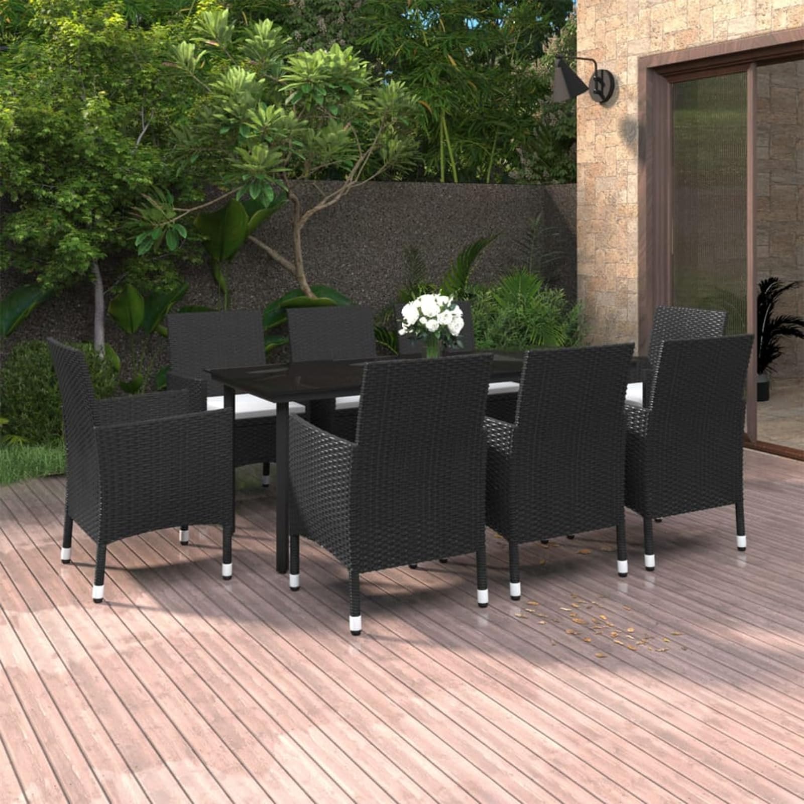 Salon de jardin 9 pièces avec coussins en polyrotin et verre, table de cuisine, meubles de balcon, meubles de jardin, résistant aux intempéries, facile à nettoyer, pour terrasse, jardin