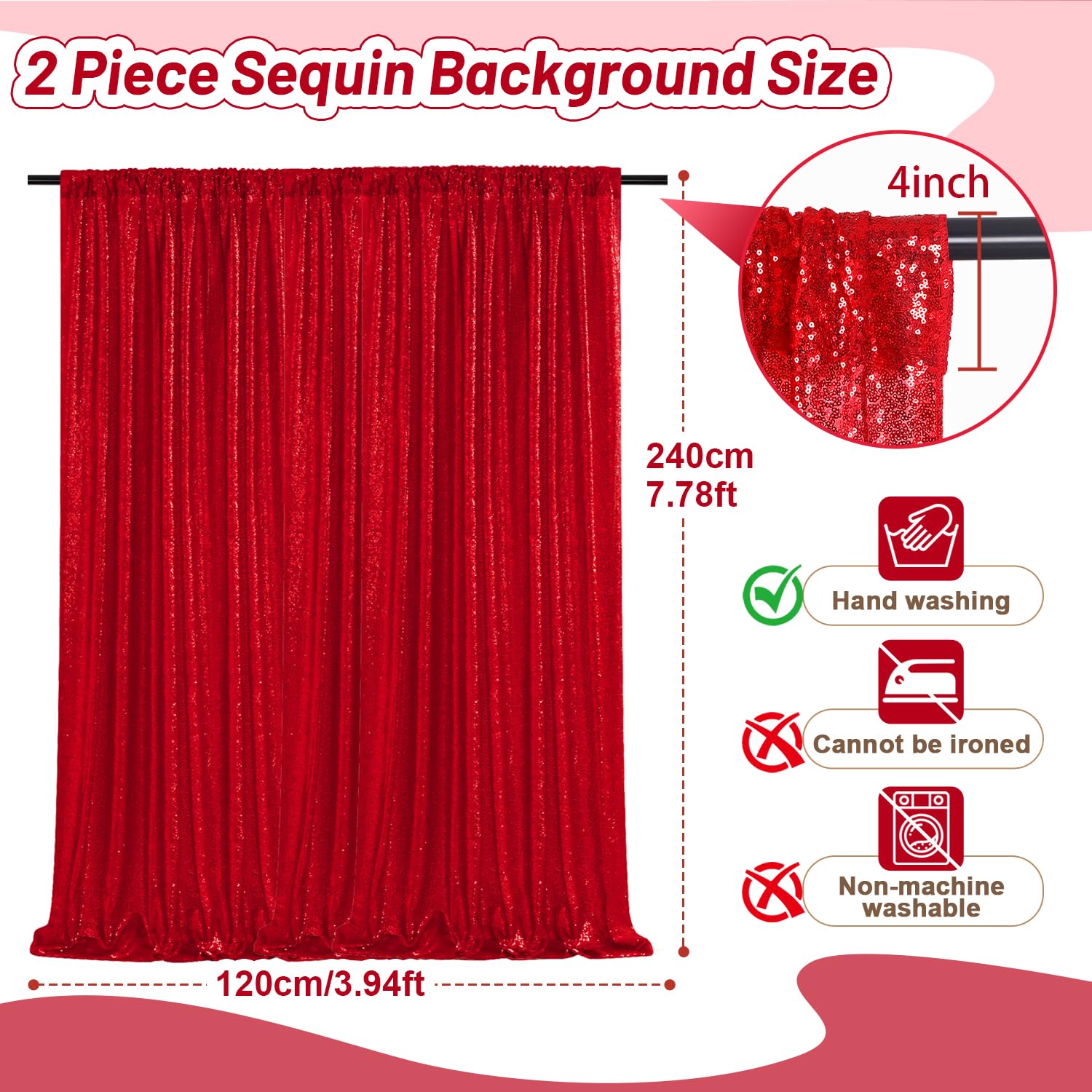 Rouge Fond Photo Toile de Fond Photo à Paillettes 60 x 240 cm, Lot de 2 Fond Photo Fête pour Fête Mariages Photos Toile de Fond d’Anniversaire Décoration Scintillante de Fête