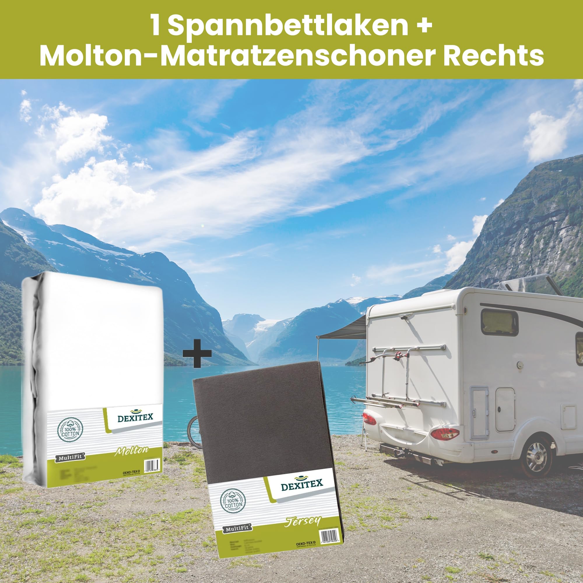 Dexitex - Queensbed Hoeslaken Set 3 delig- 1 wit 1 antraciet Hoeslaken 1 Molton Matrasbeschermer - Caravan Queen size bed - Camper Queensbed - Oeko- TEX - Multi-Stretch- 100% katoen
