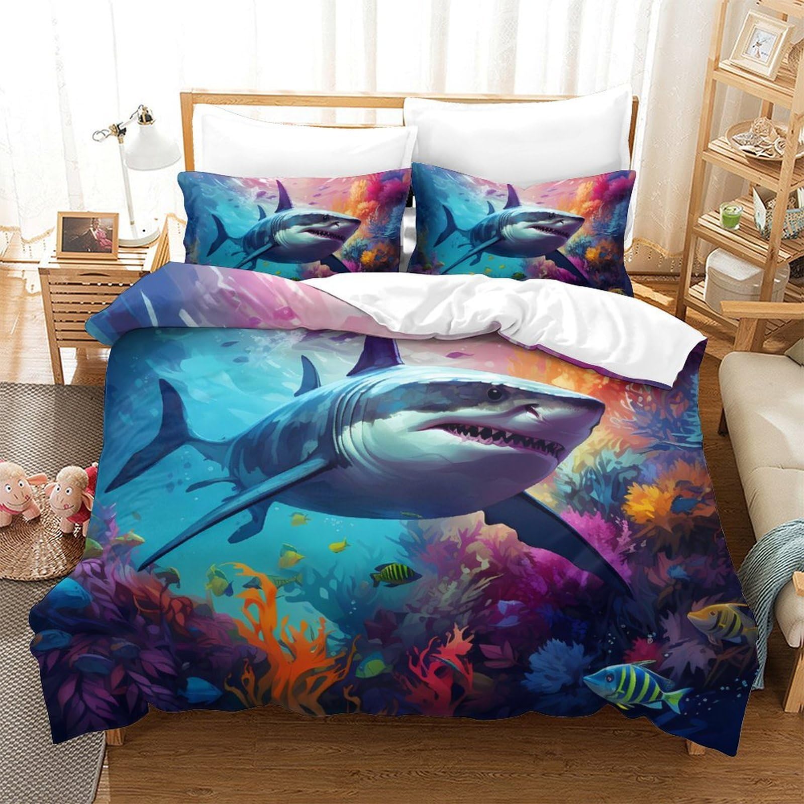 Housse de couette requin 3D microfibre ultra doux parure de lit 260x220cm anti-plis