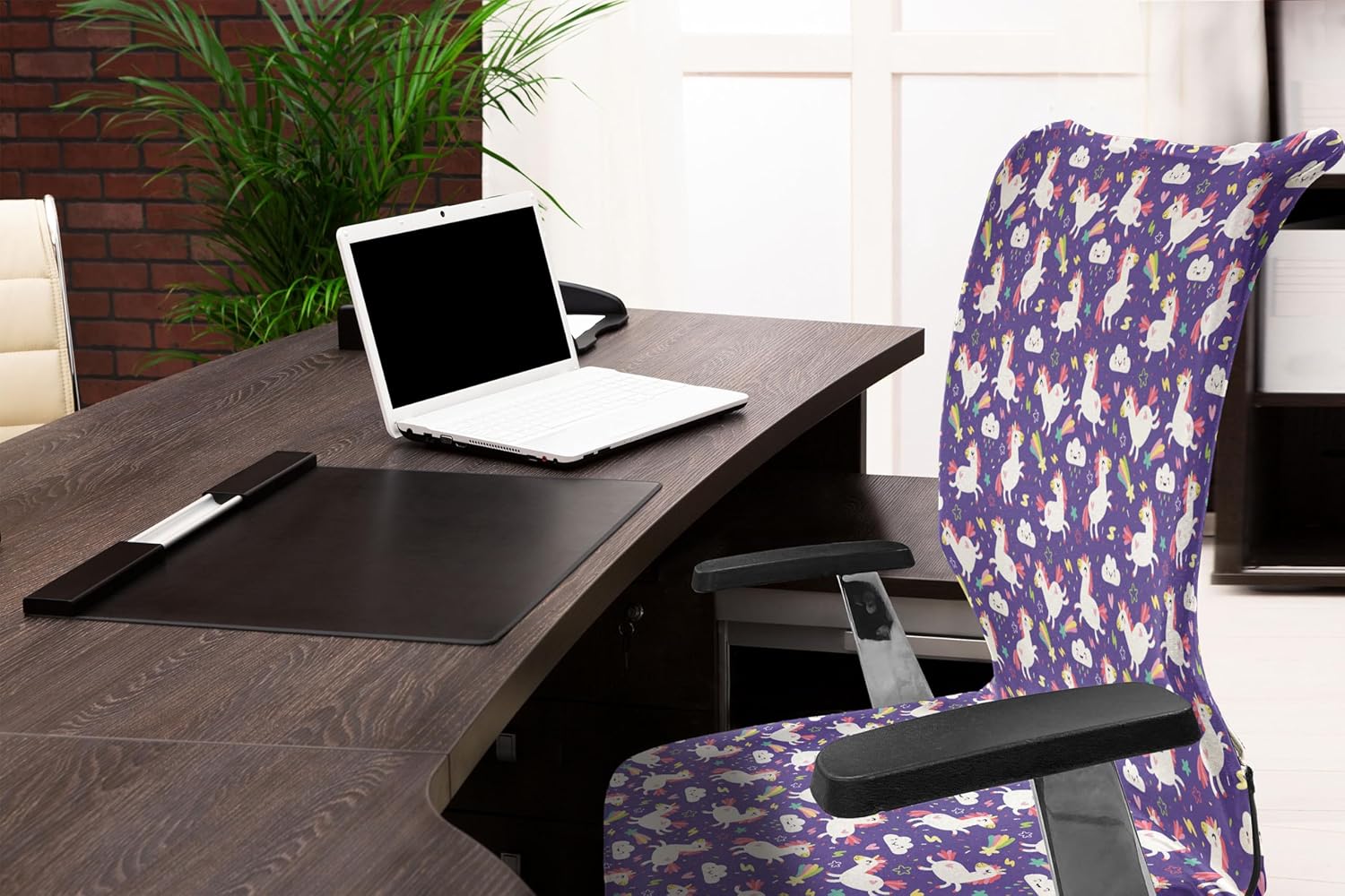 Ambesonne Unicorn Office Chair Cover, Theme Kawaii Style Inspired Clouds Hearts Rainbows Pattern, Stretchable Decorative Universal Size High Back Printed Slipcover, Indigo Multicolor