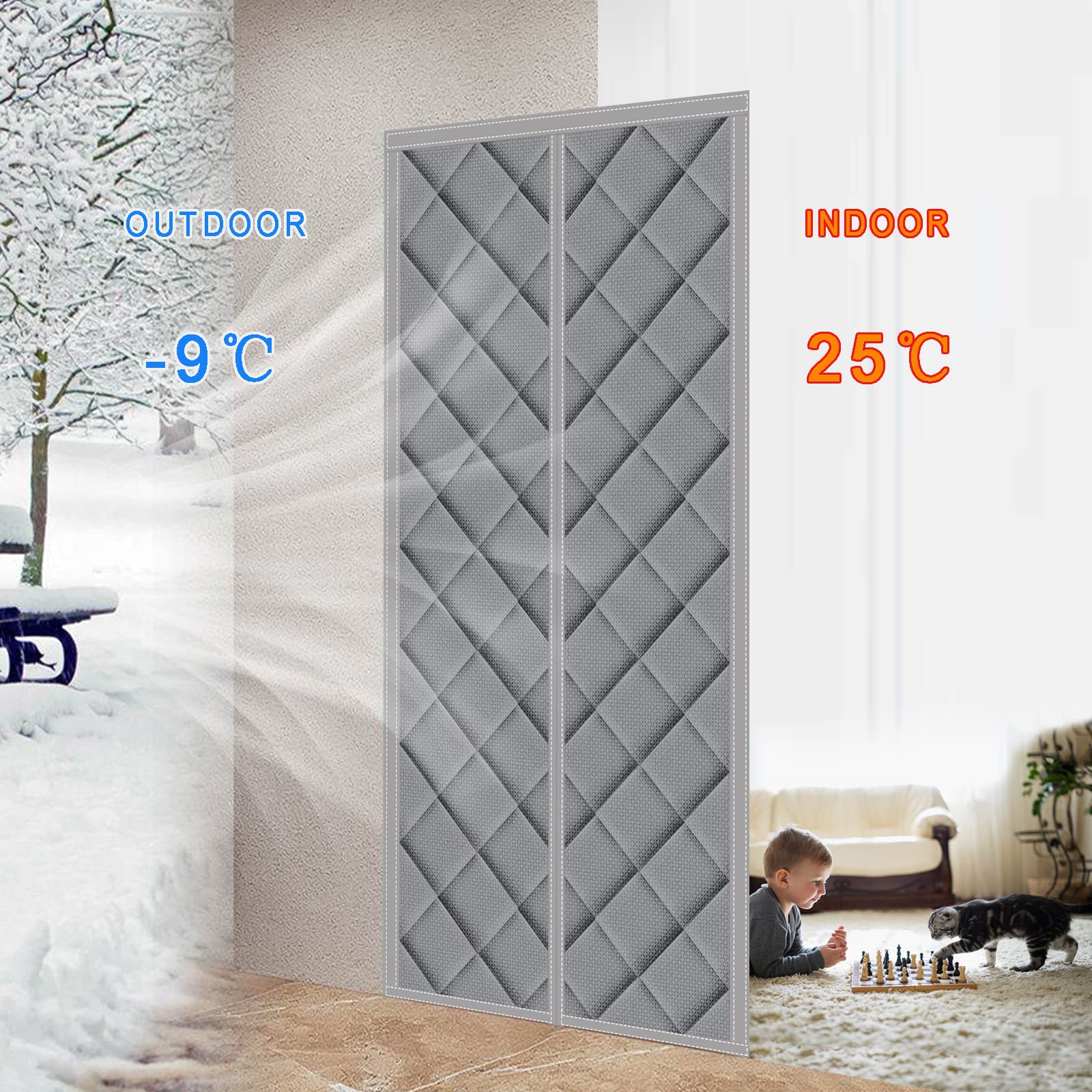 Wärmeschutzvorhang Magnet 85x180cm， Magnet Wärmeschutzvorhang für Türen Winddicht Und Warm, Schalldicht für Türen Kälteschutz Thermo, Grau