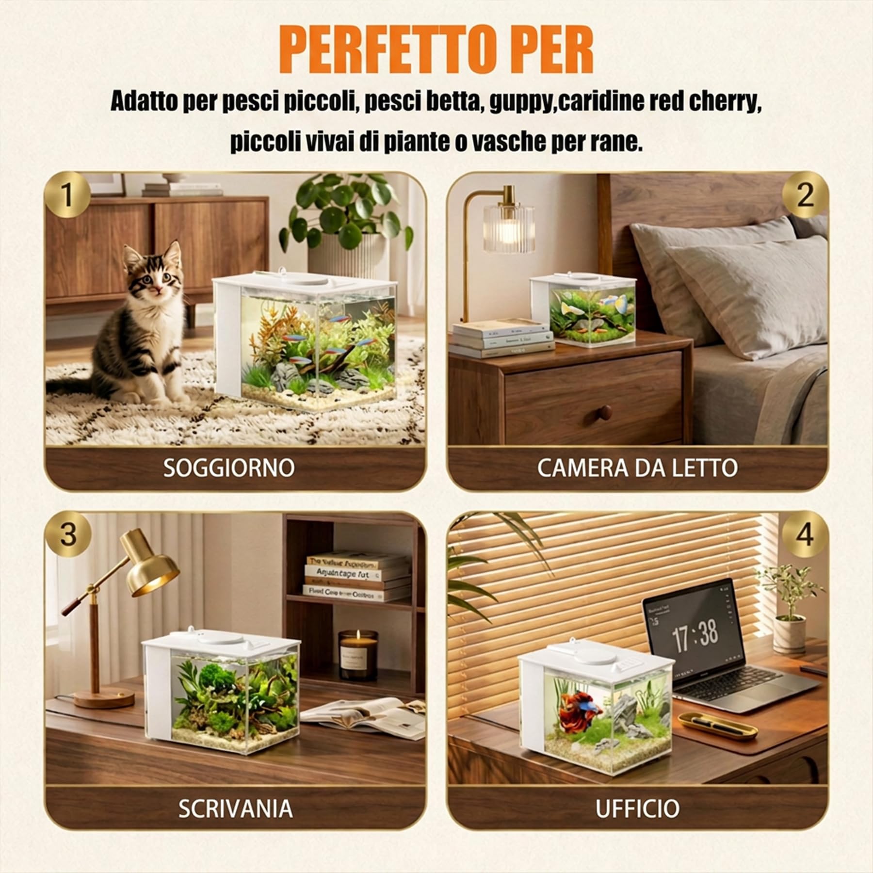Vehipa 3,7 L Acquario Completo per Betta, Mini Acquario Completo con Pompa Filtro e Luce LED, Ideale per Pesci Piccoli, Gamberetti e Piante (Bianco)
