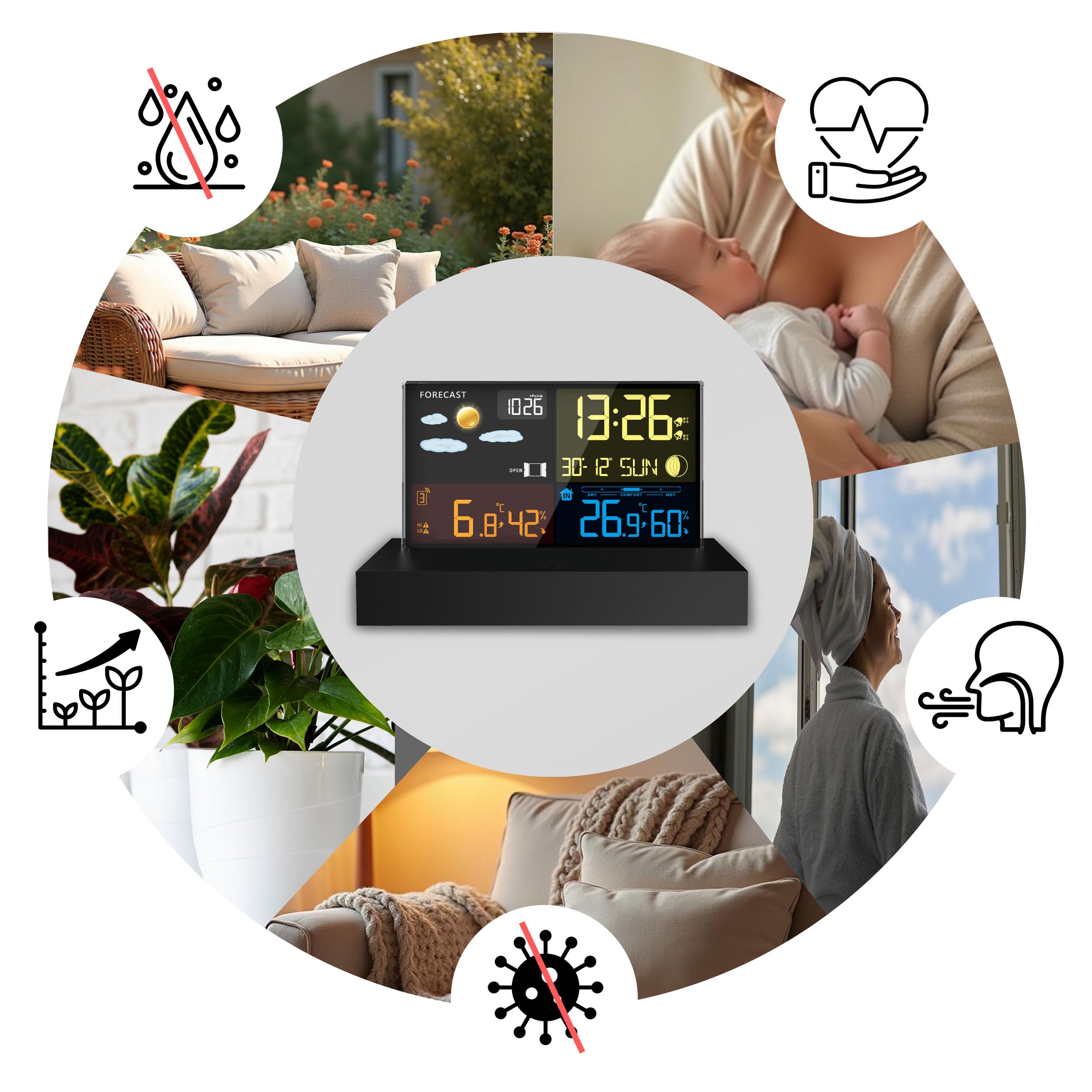 Berdsen Wetterstation Thermometer Innen Außen Kabellos Digital Hygrometer DCF Barometer Schwarz