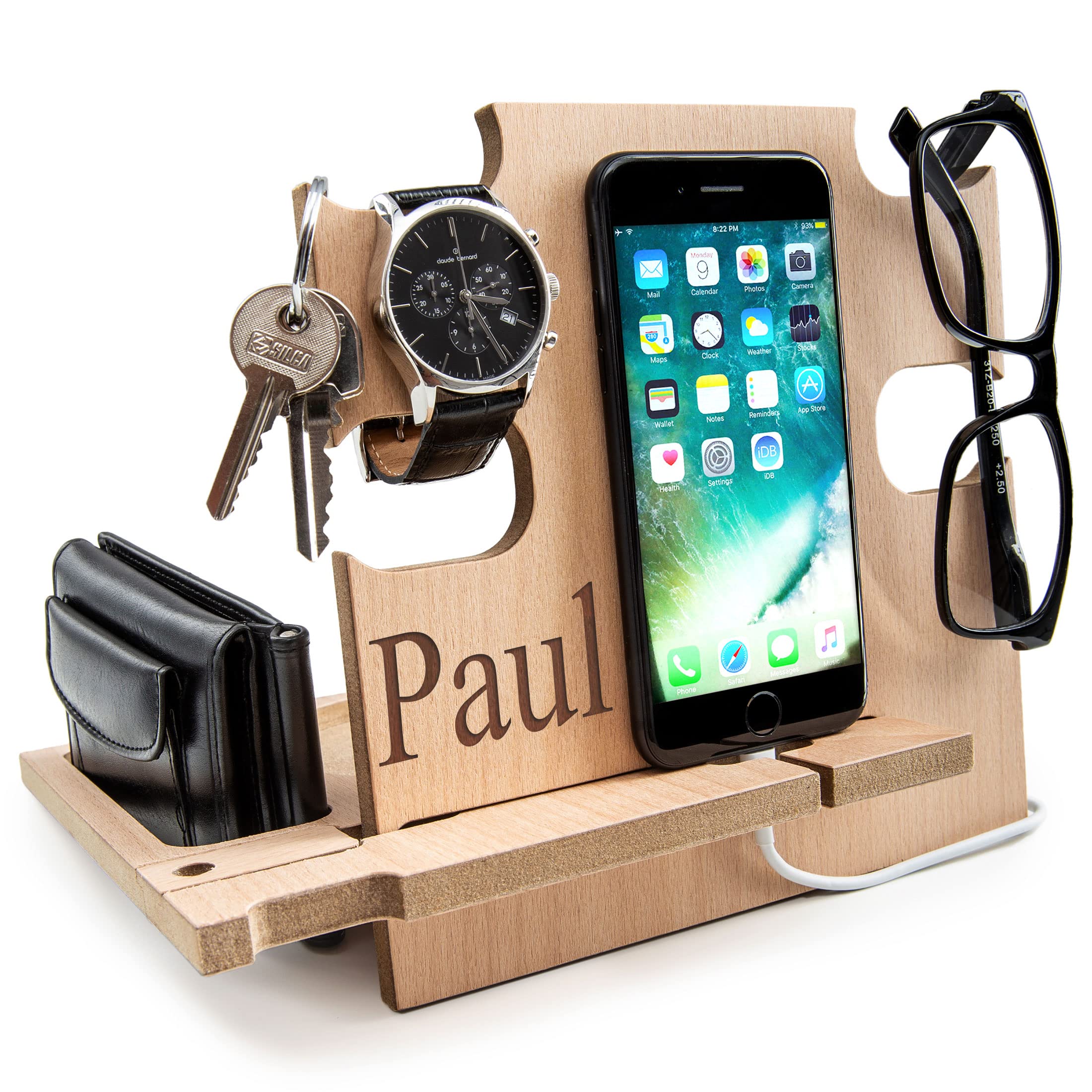 Personalized Docking Station Nightstand Organizer Accessories Essentials Holder Smartphone Support Phone Stand, 5th Traditional Anniversary Gift for Husband Fathers Day Gifts for Men (Natural)