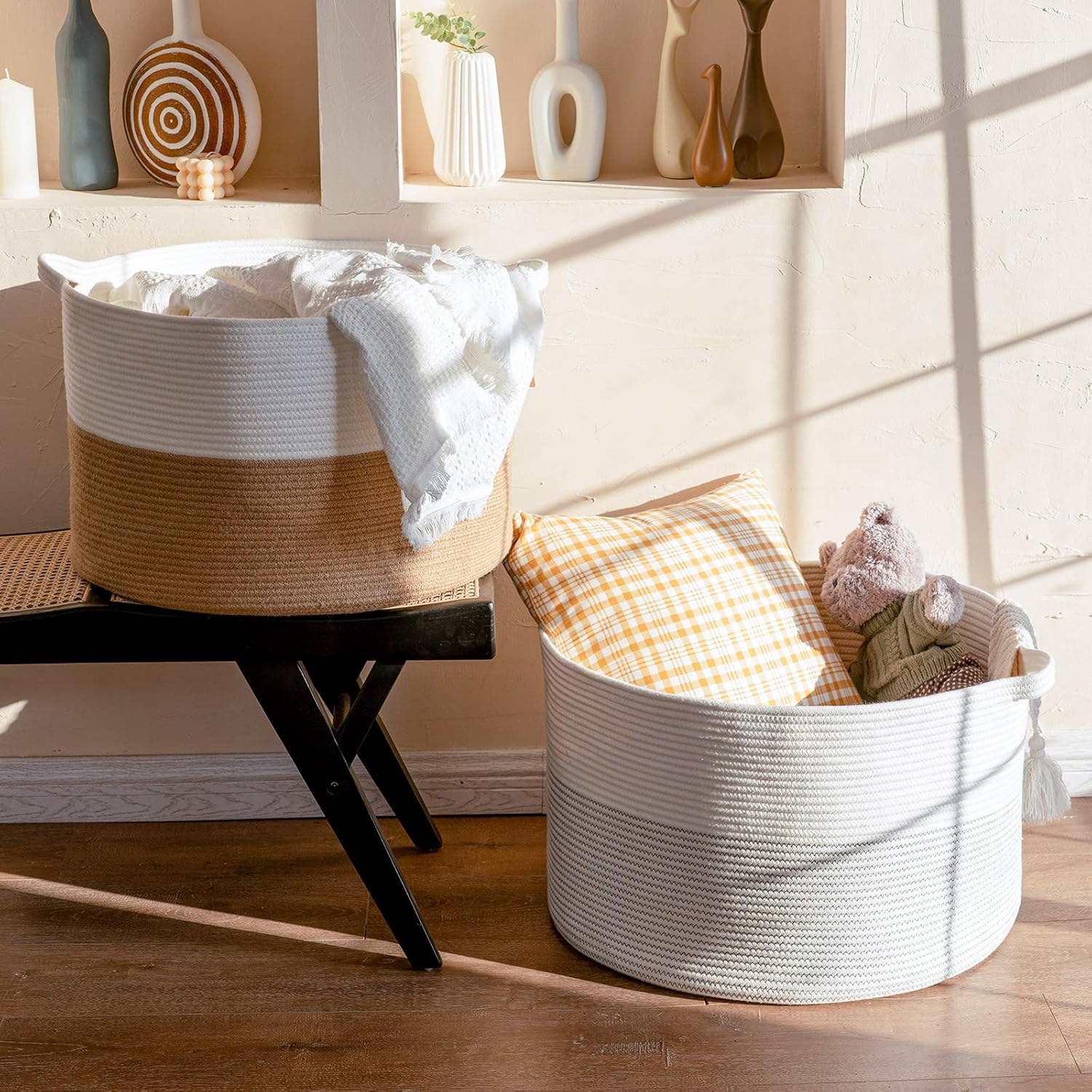 INDRESSME XXXL Large Cotton Rope Basket (Set of 2)Woven Baby Laundry Basket with