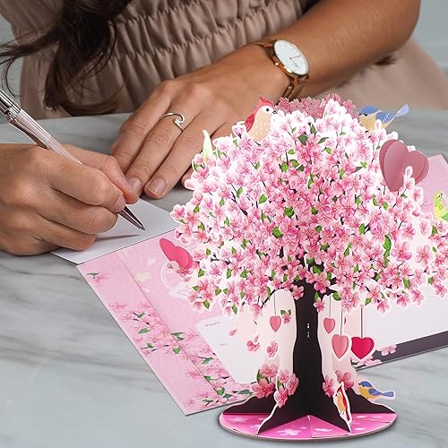 Miniatura 4 de Árbol de cerezo emergente, decoración de primavera y vacaciones de 12 pulgadas con adornos de pájaros extraíbles, tarjeta emergente 3D en blanco y