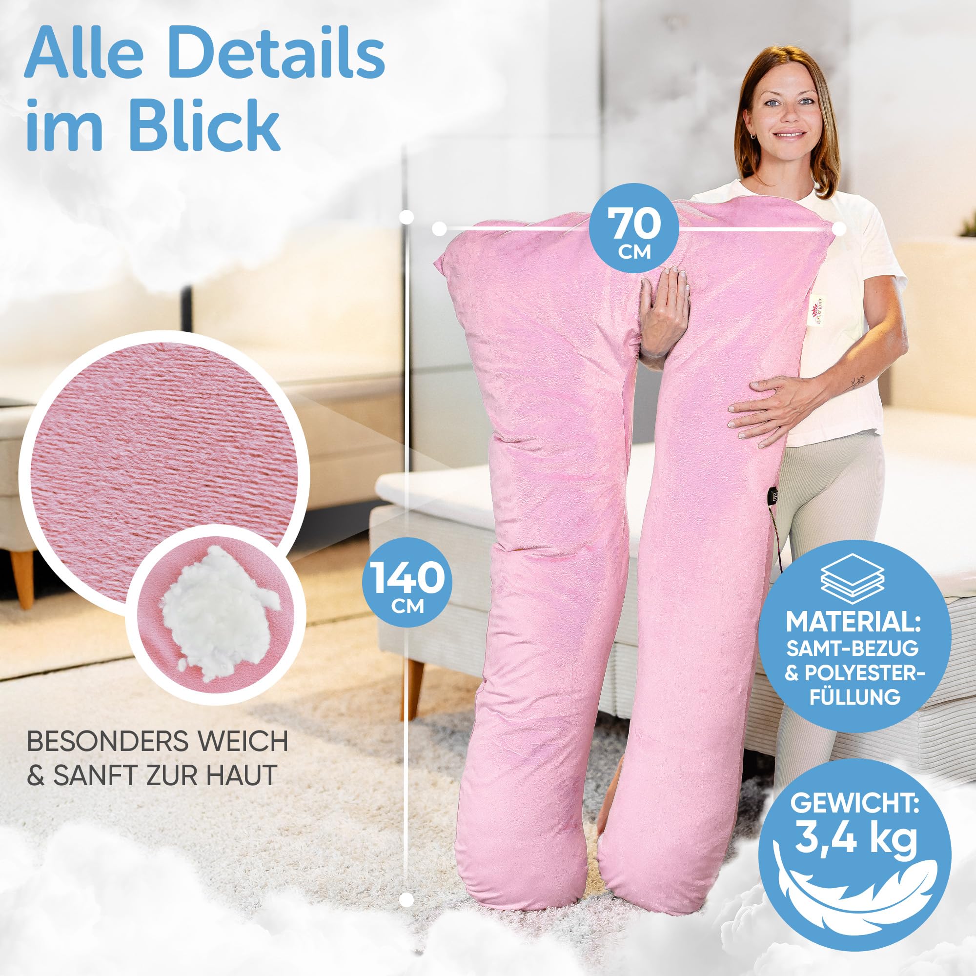 Seitenschläferkissen [Beheizt] XXL Schwangerschaftskissen | U Form |Schlafkissen mit Bezug für Ischias-, Hüft-, Knie & Rückenschmerzen | Erikaviolett