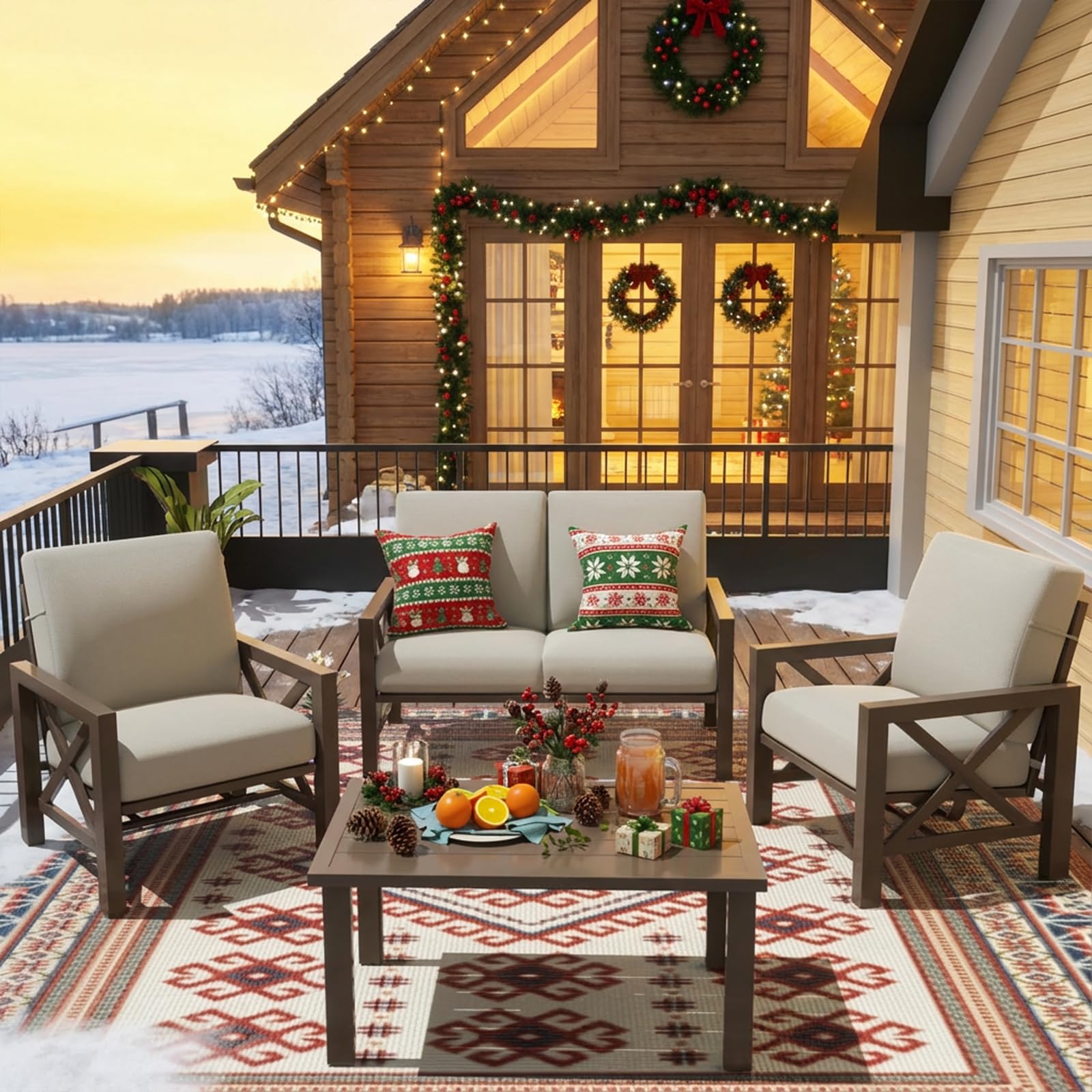 NATURAL EXPRESSIONS Patio Furniture Sets, 4 Pieces Outdoor Furniture Modern Metal Patio Sectional Sofa Conversation Set,2 Motion Rocking Chairs,6.5" Olefin Cushions for Yard,Porch,Poolside