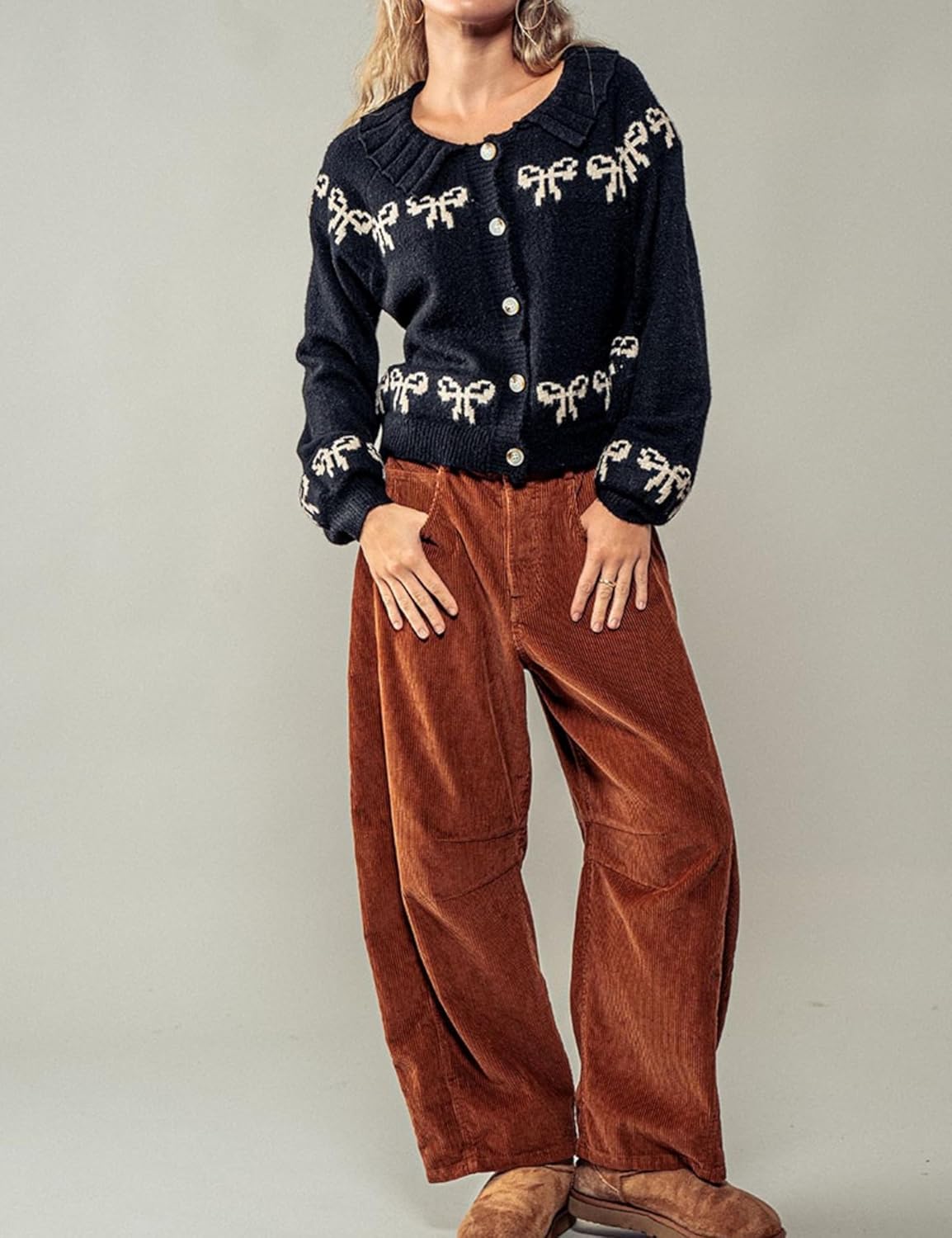 Womens Scalloped Collar Bow Sweater Cardigan Y2K Long Sleeve Embroidered Knitwear Outerwear - Image 5